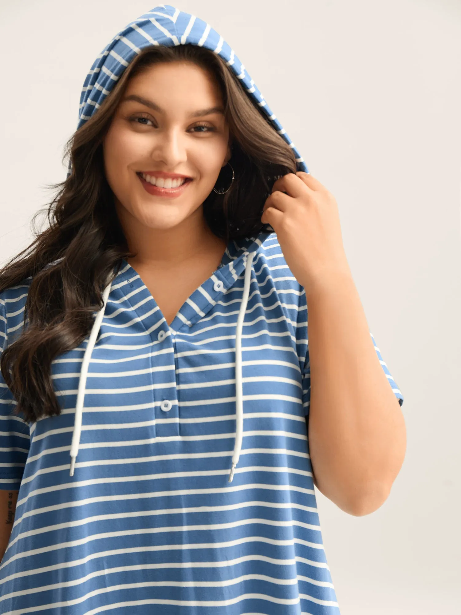 Stripe Print Curvy Hem Hooded Mini Dress sold by Bloomchic product image thumbnail 2
