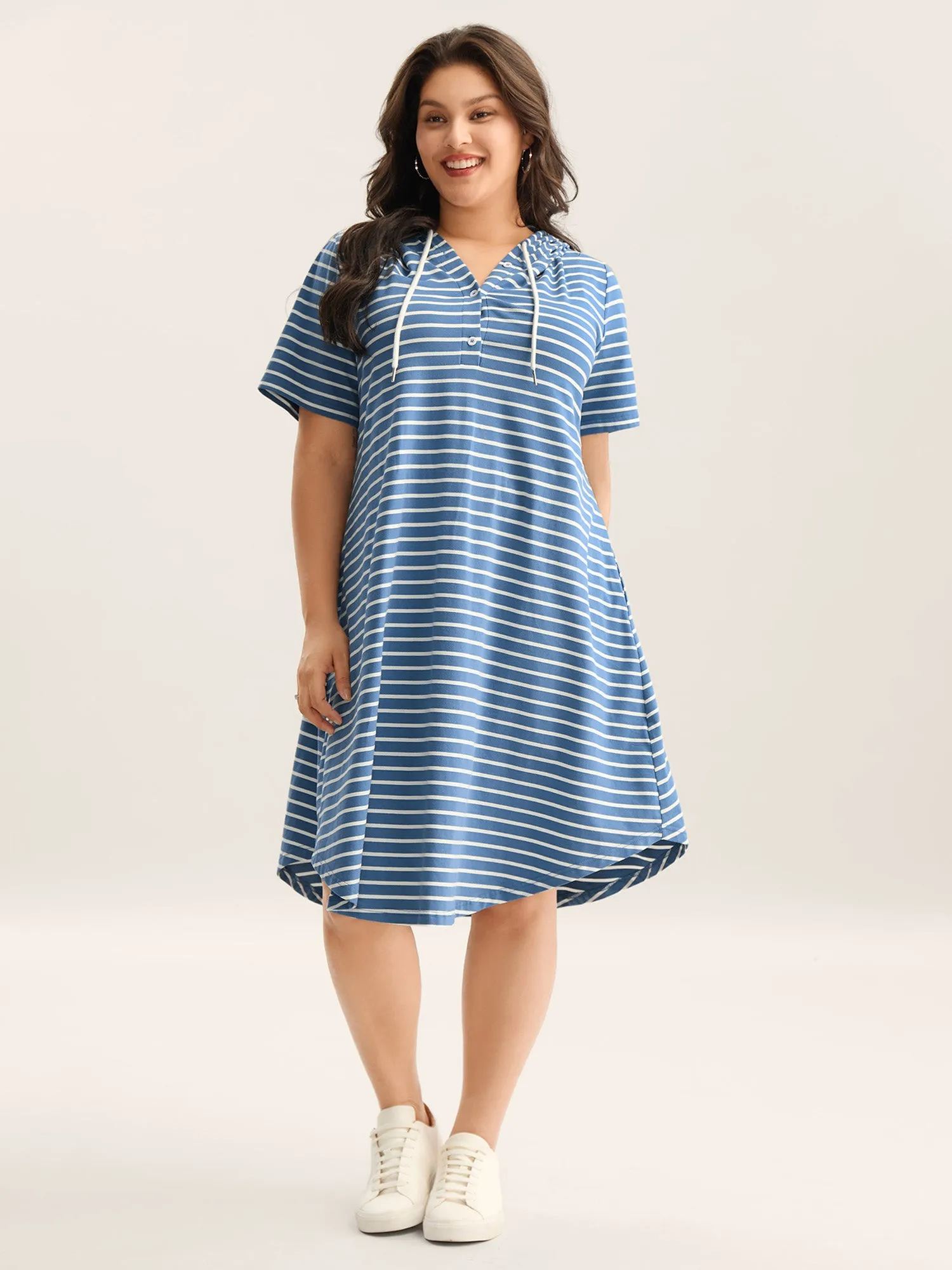 Stripe Print Curvy Hem Hooded Mini Dress sold by Bloomchic product image thumbnail 3