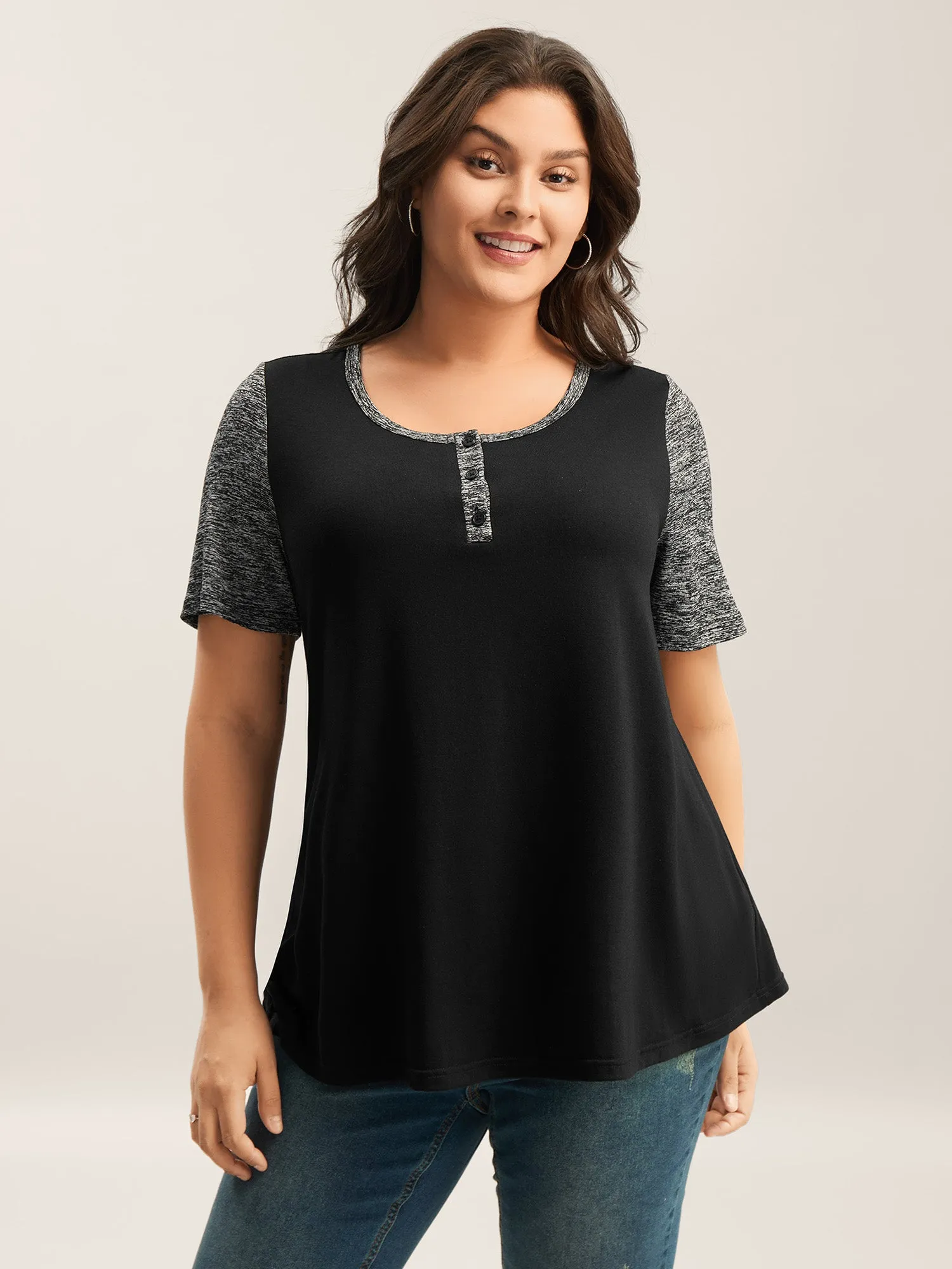 Color Contrast Button Detail T-Shirt sold by Bloomchic