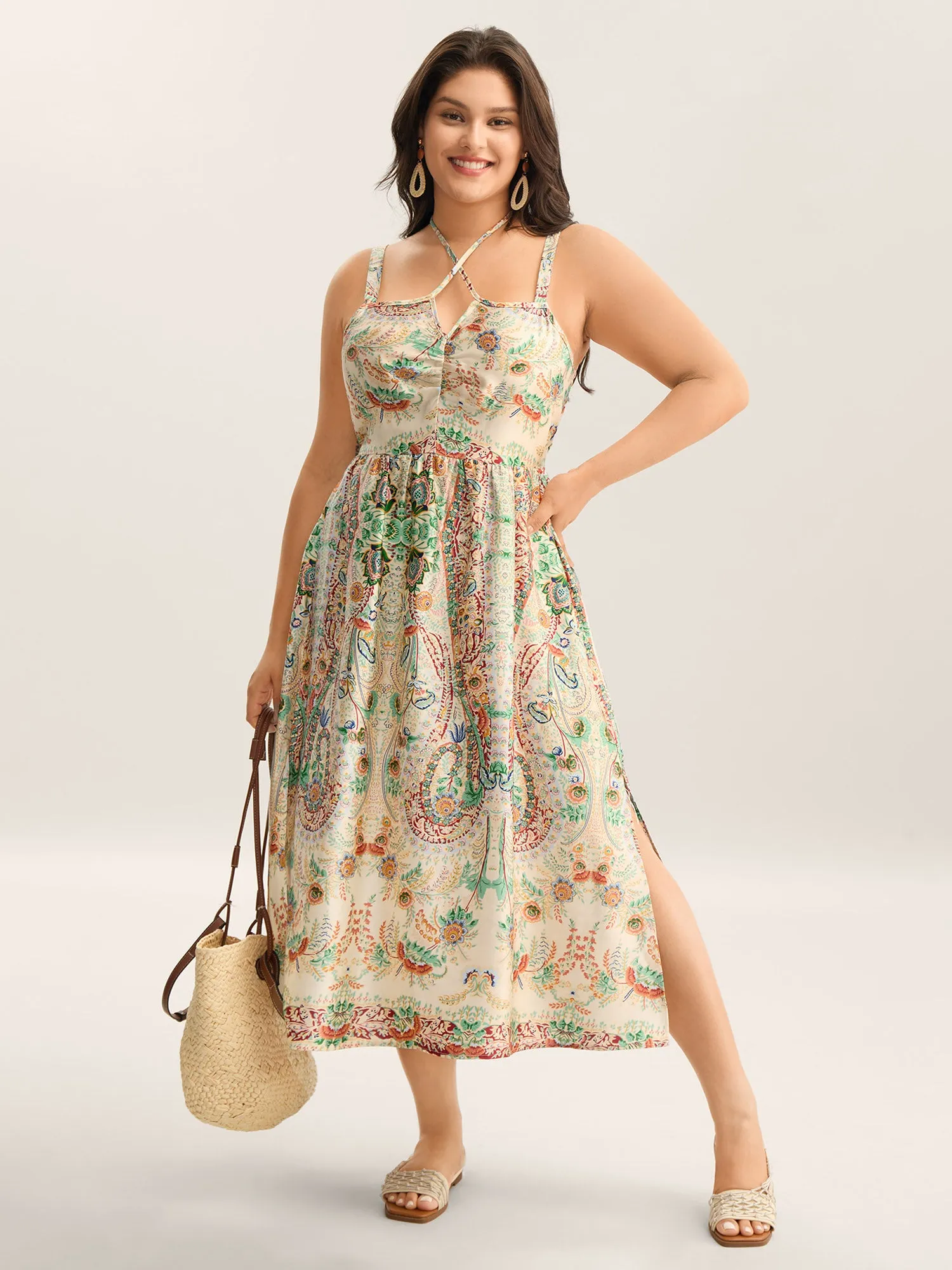 Paisley Print Halter Neck A-Line Midi Dress sold by Bloomchic