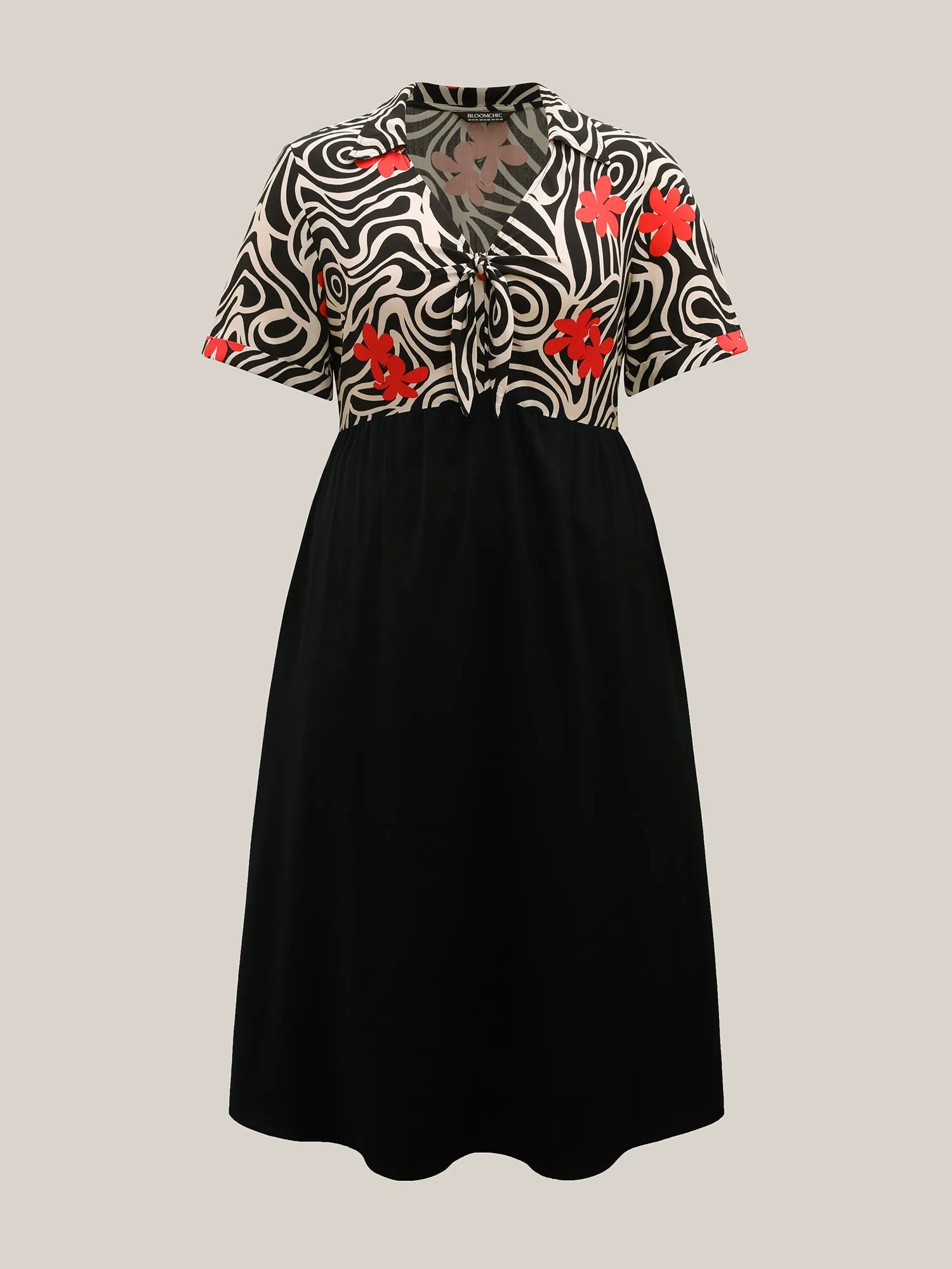 Ribbon Collar Floral Print Contrast Midi Dress sold by Bloomchic product image thumbnail 5