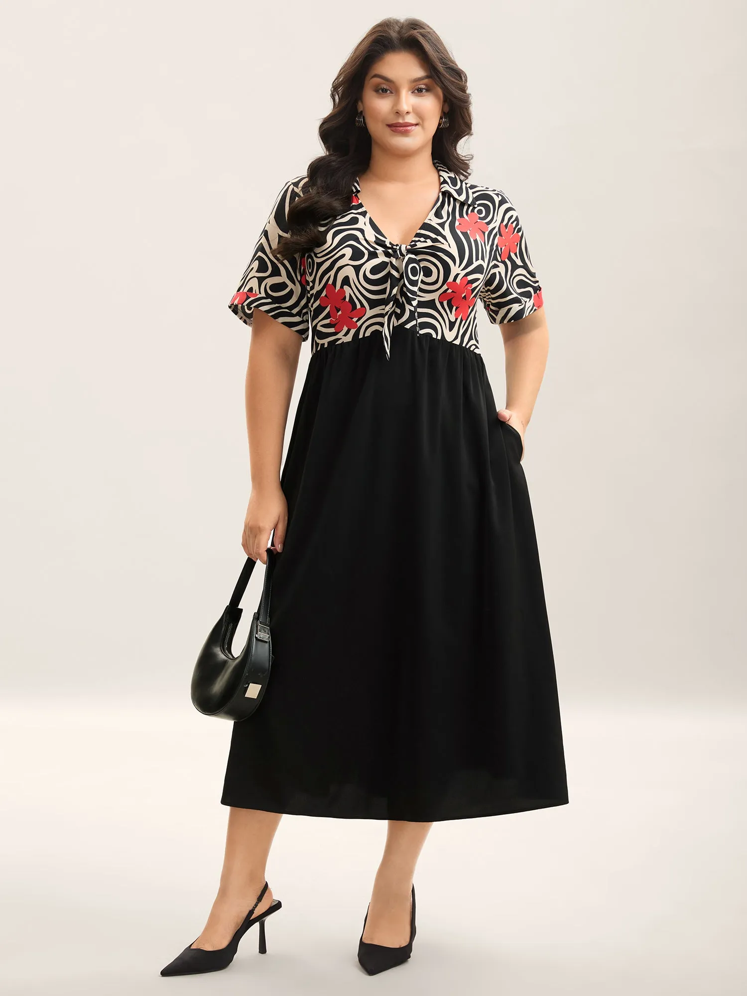 Ribbon Collar Floral Print Contrast Midi Dress sold by Bloomchic product image thumbnail 3