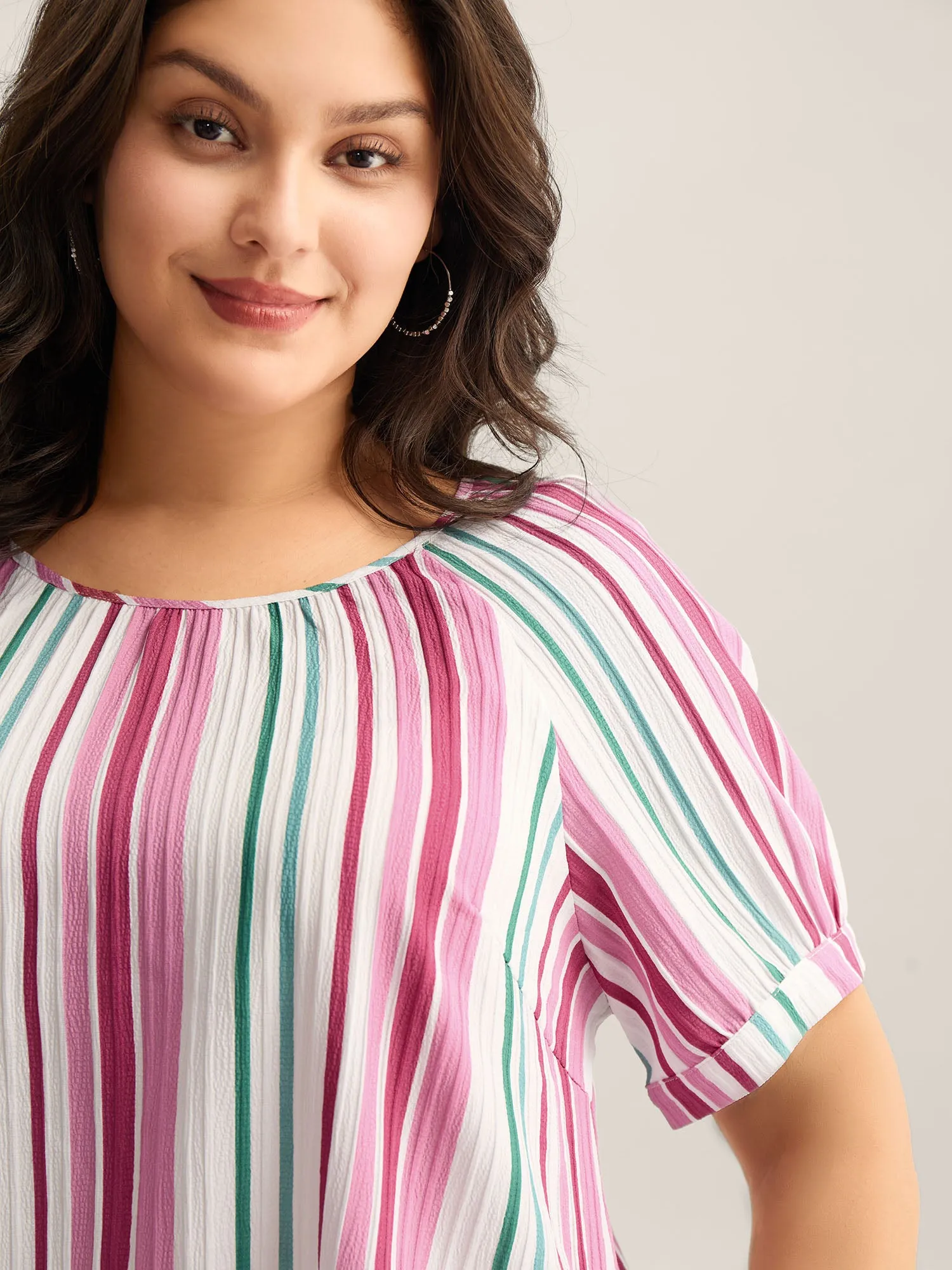 Stripe Print Round Neck Blouse sold by Bloomchic