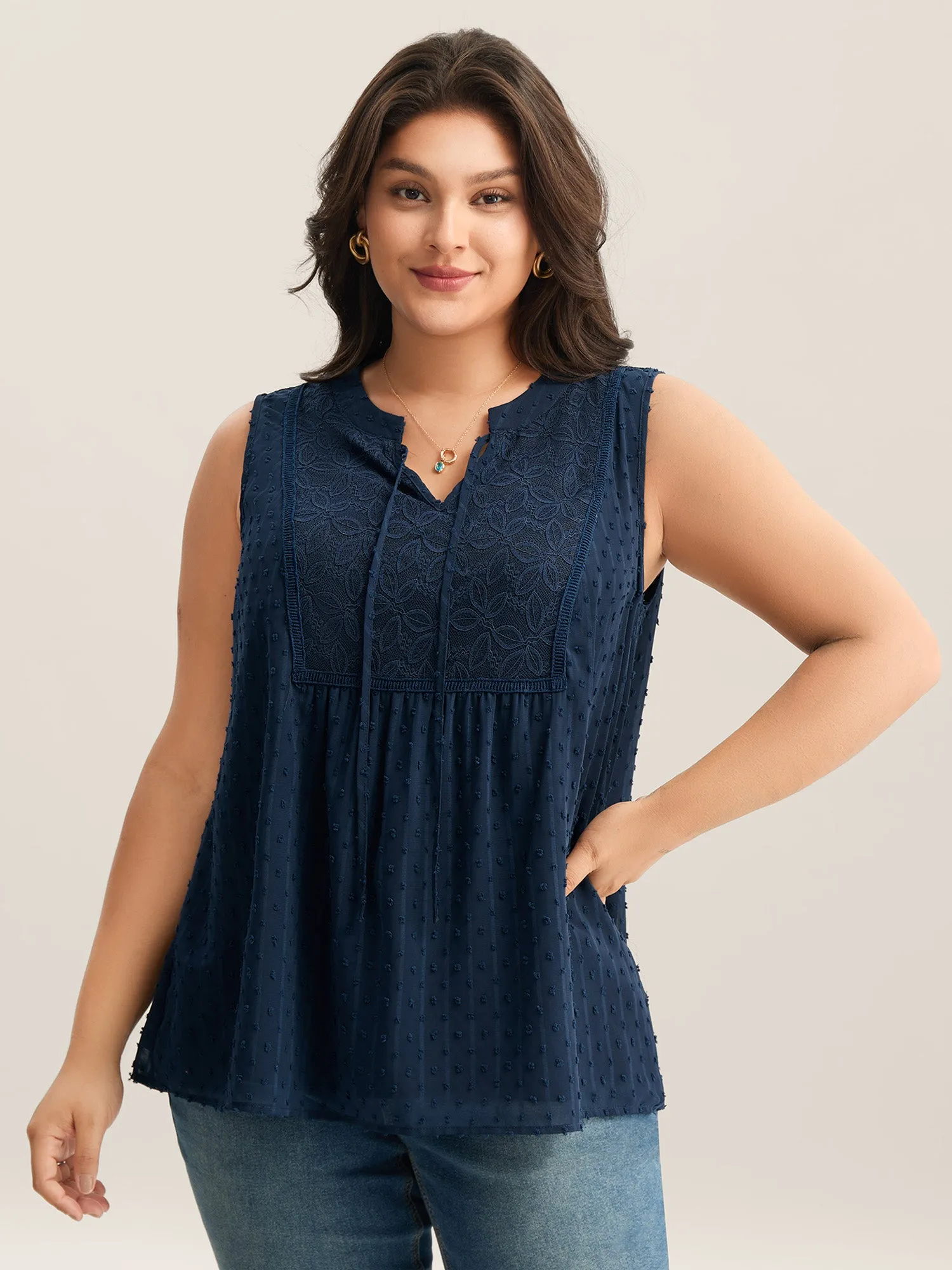 Textured Lace Detail Neck Tie Sleeveless Top sold by Bloomchic product image thumbnail 2