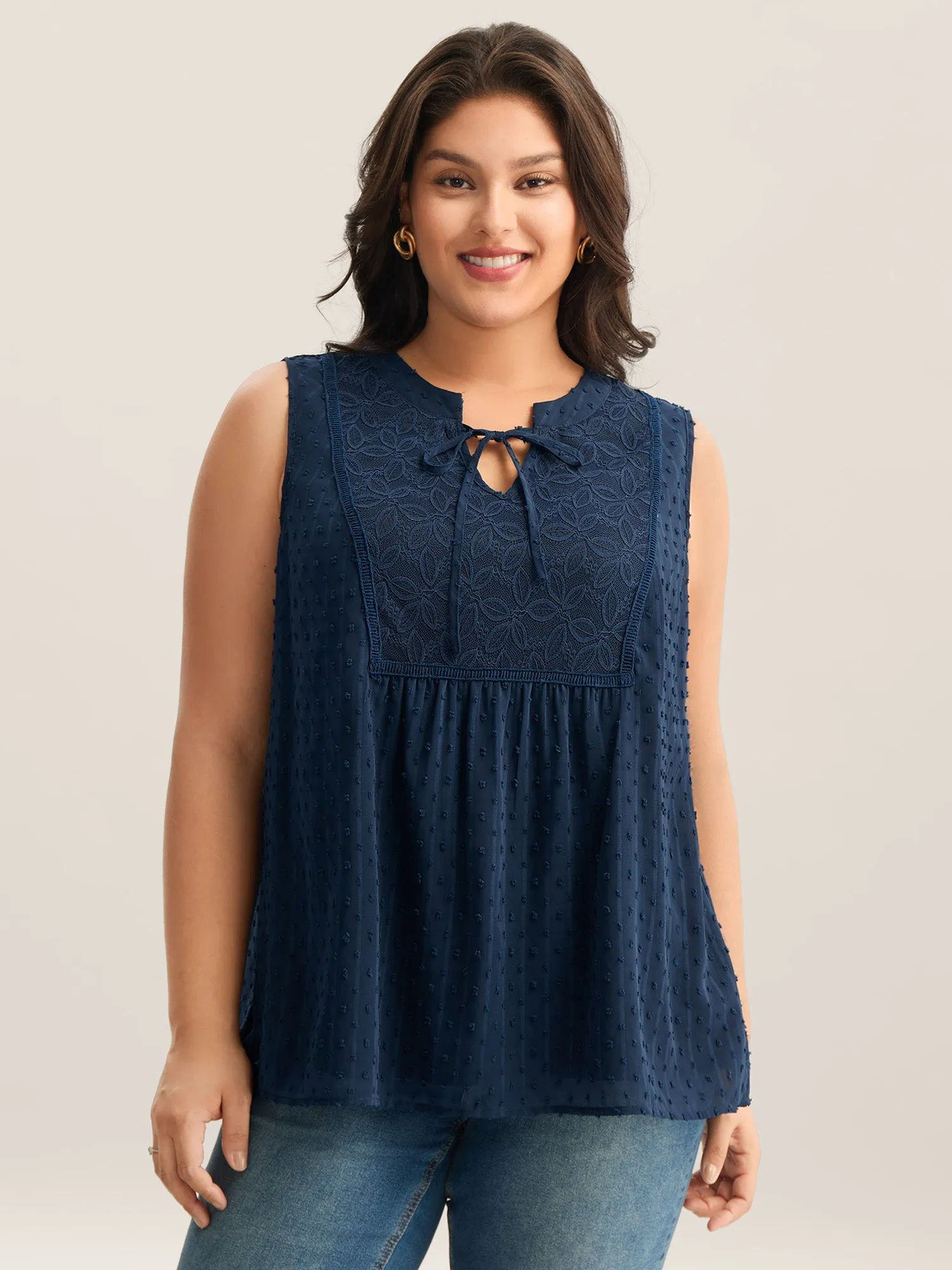 Textured Lace Detail Neck Tie Sleeveless Top sold by Bloomchic product image thumbnail 3
