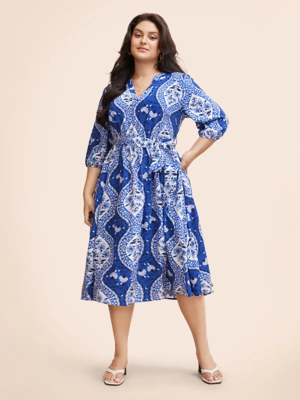 Boho Print Notched Collar Belted Gathered Dress sold by Bloomchic
