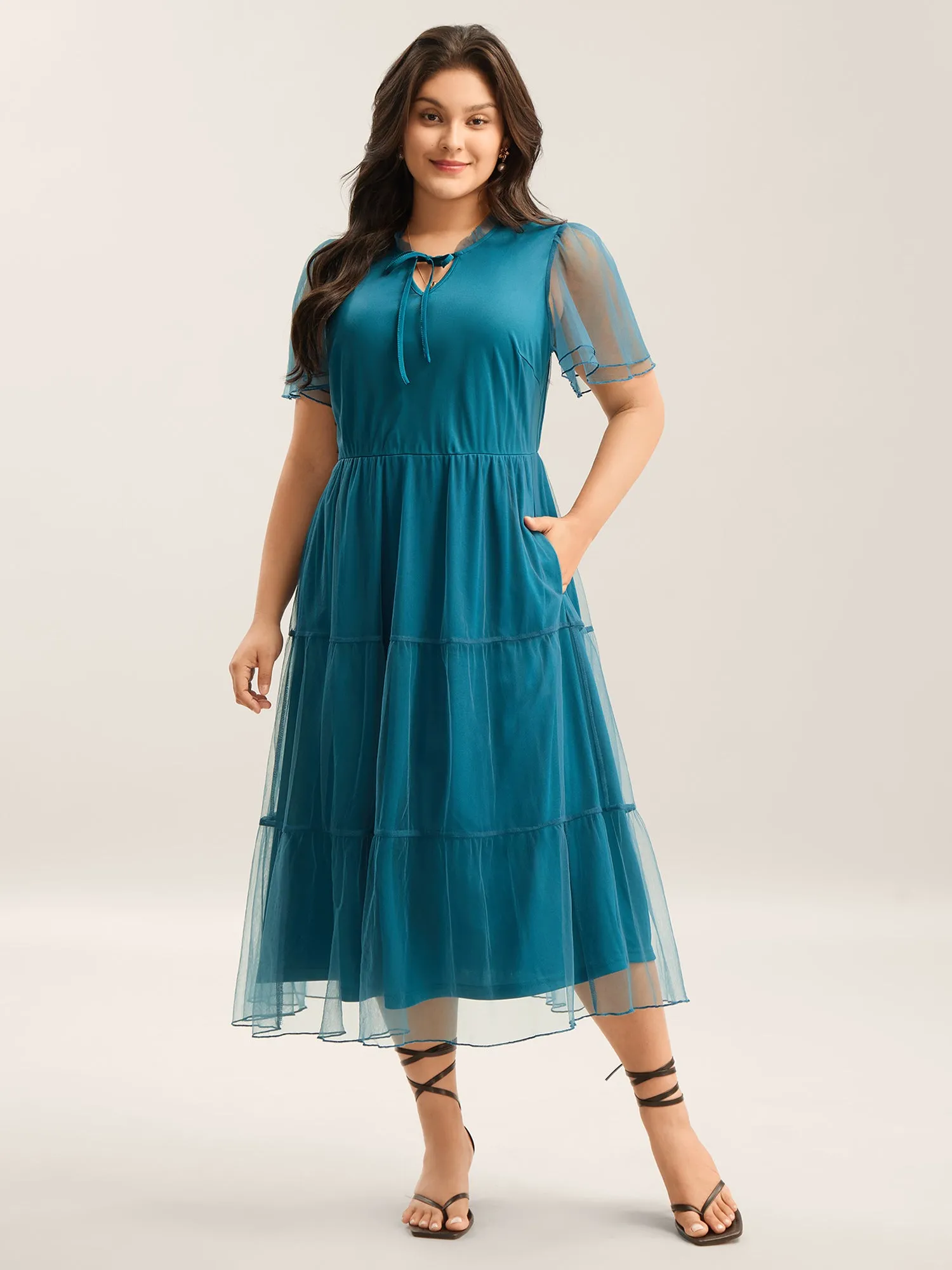 Stretchy Waist Neck Tie Sheer Midi Dress sold by Bloomchic product image thumbnail 3