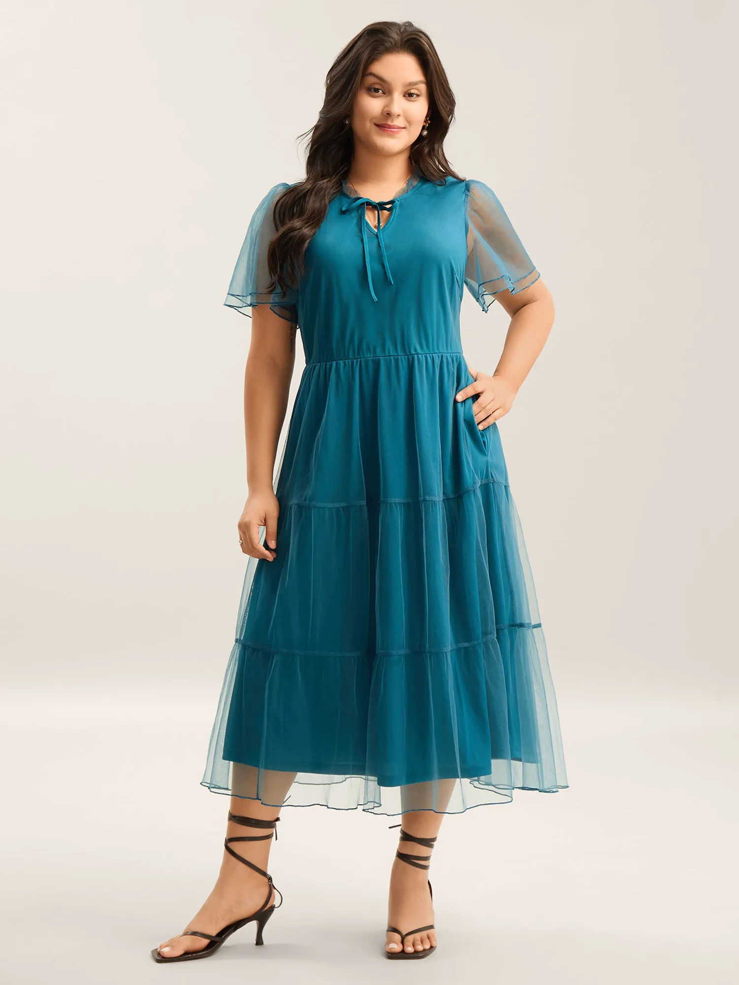 Stretchy Waist Neck Tie Sheer Midi Dress sold by Bloomchic product image thumbnail 2