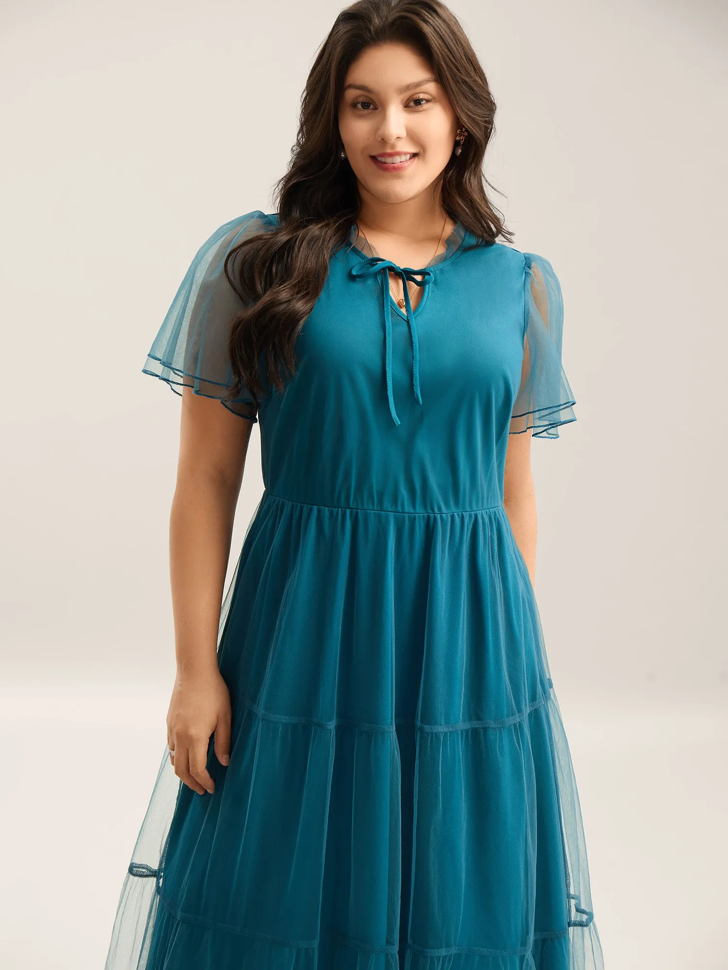Stretchy Waist Neck Tie Sheer Midi Dress sold by Bloomchic