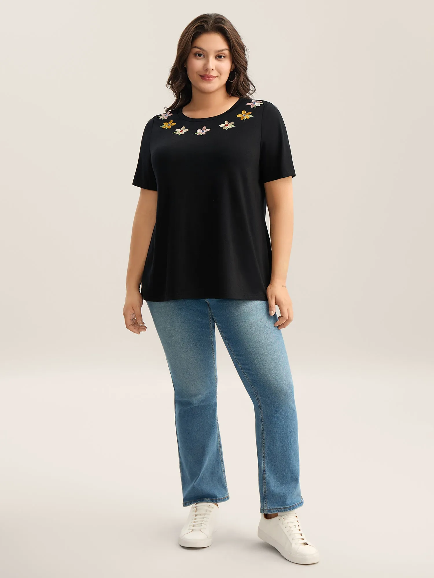 Floral Embroidered Neck Solid T-Shirt sold by Bloomchic product image thumbnail 3