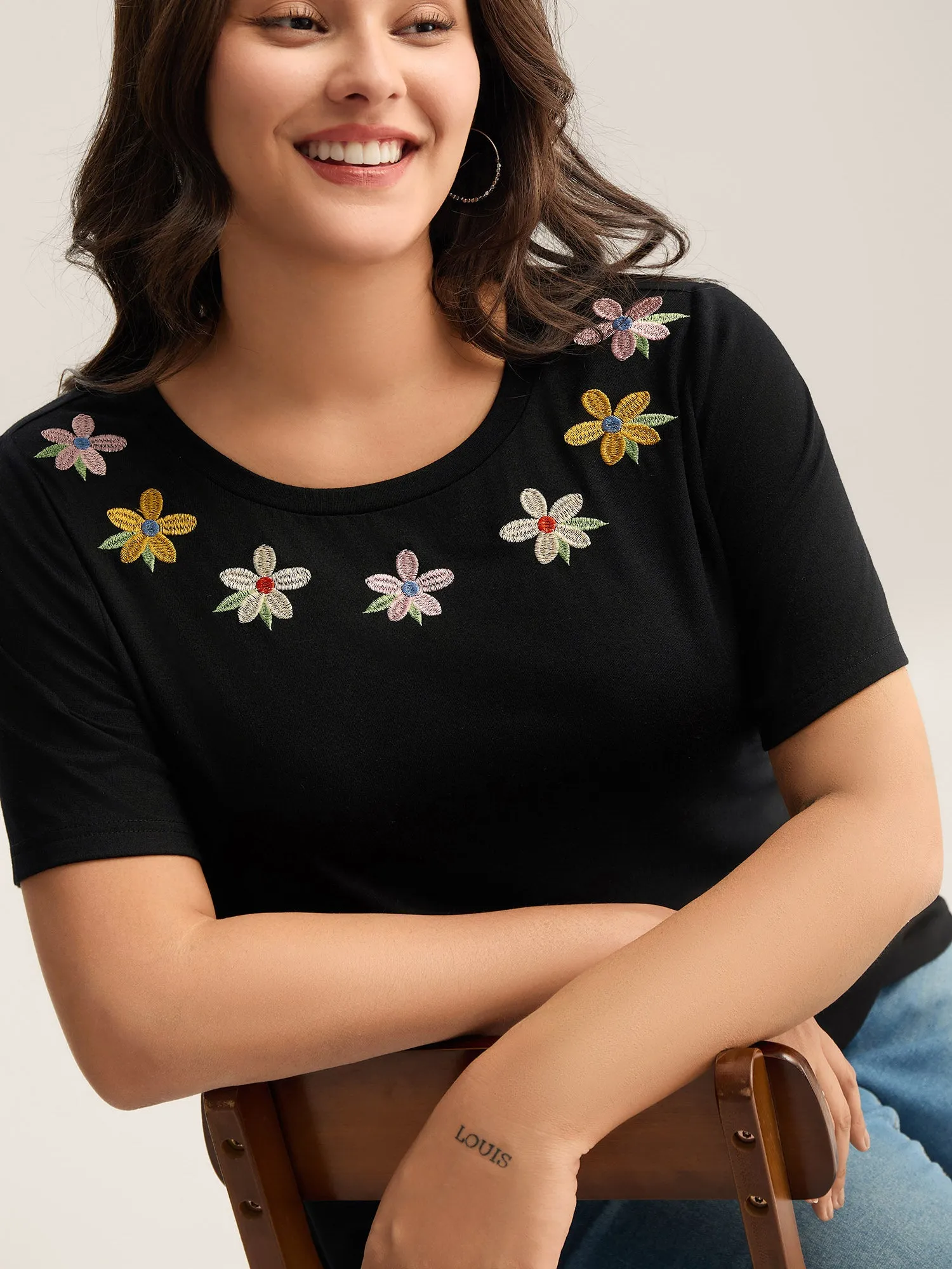 Floral Embroidered Neck Solid T-Shirt sold by Bloomchic