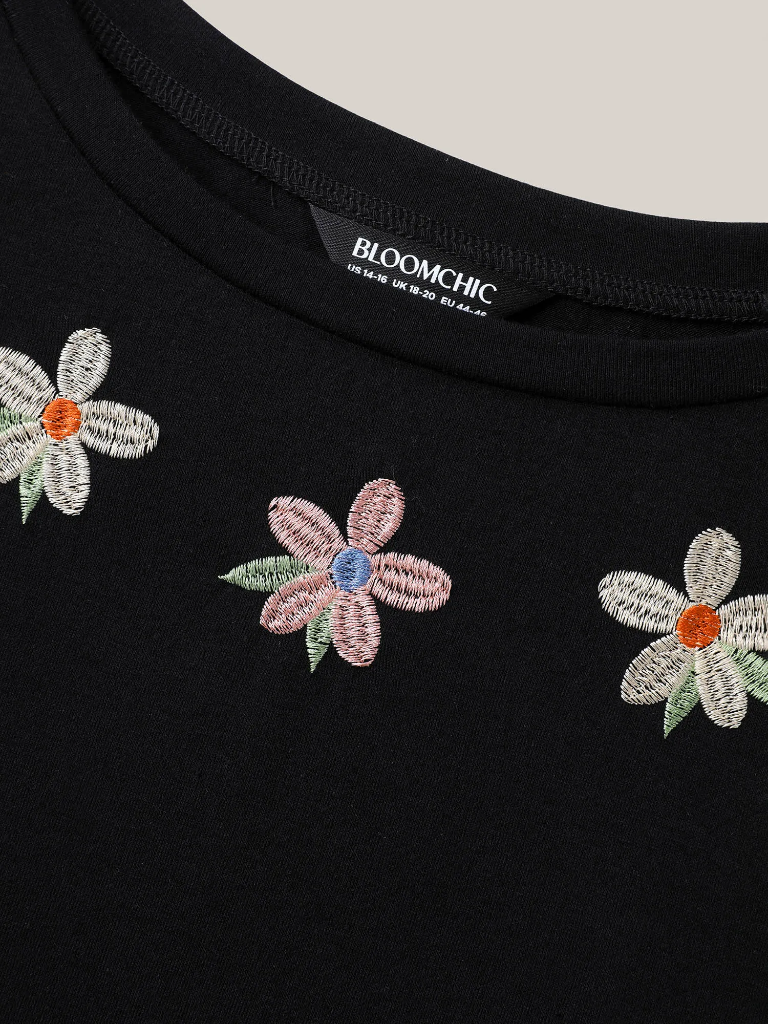 Floral Embroidered Neck Solid T-Shirt sold by Bloomchic product image thumbnail 5