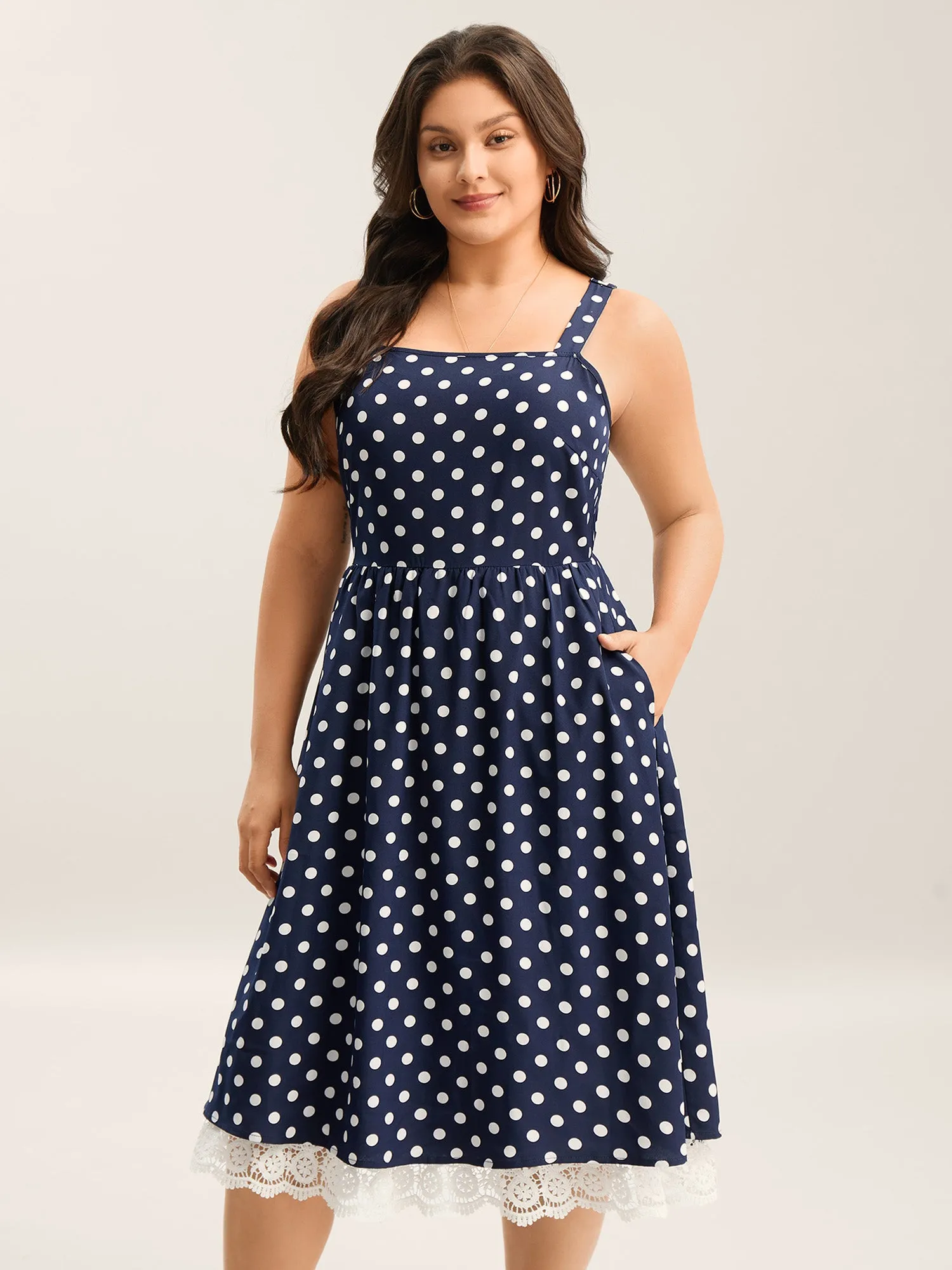 Polka Dots Print Adjustable Lace Midi Dress sold by Bloomchic product image thumbnail 4