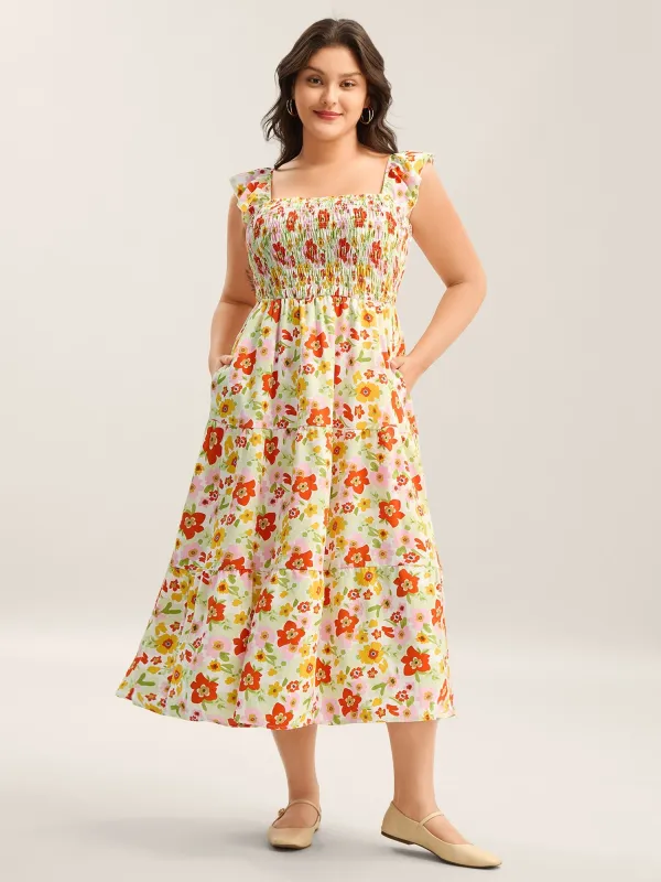 Floral Garden Stretchy Waist Shirred Midi Dress sold by Bloomchic