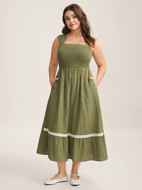 Plaid Shirred Lace Trim Tiered Maxi Dress sold by Bloomchic