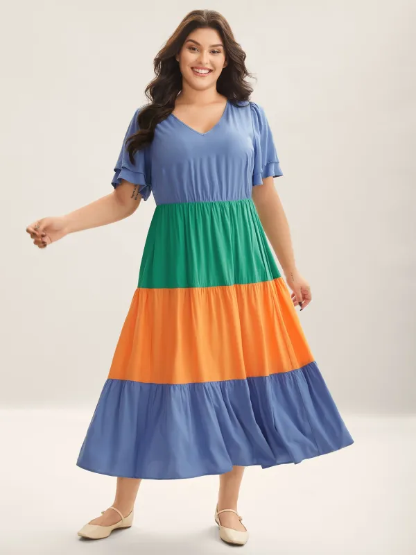 Rayon Color Block Layered Sleeve Maxi Dress sold by Bloomchic