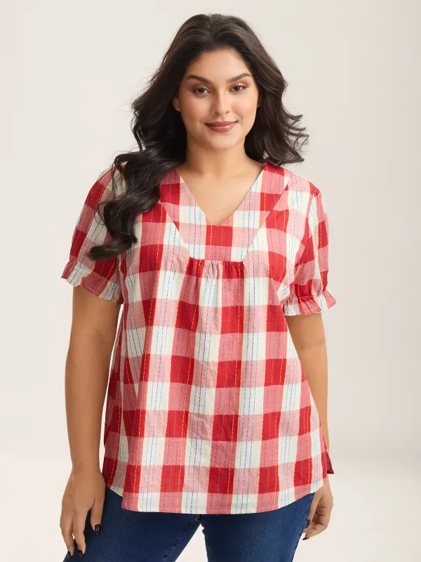 Cotton Plaid Print V-Neck Puffy Sleeve Blouse sold by Bloomchic