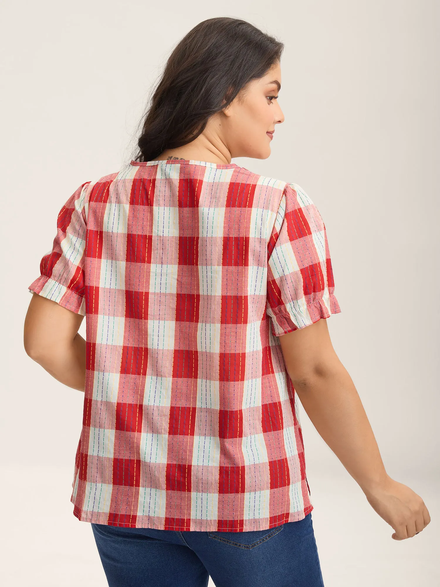 Cotton Plaid Print V-Neck Puffy Sleeve Blouse sold by Bloomchic product image thumbnail 4