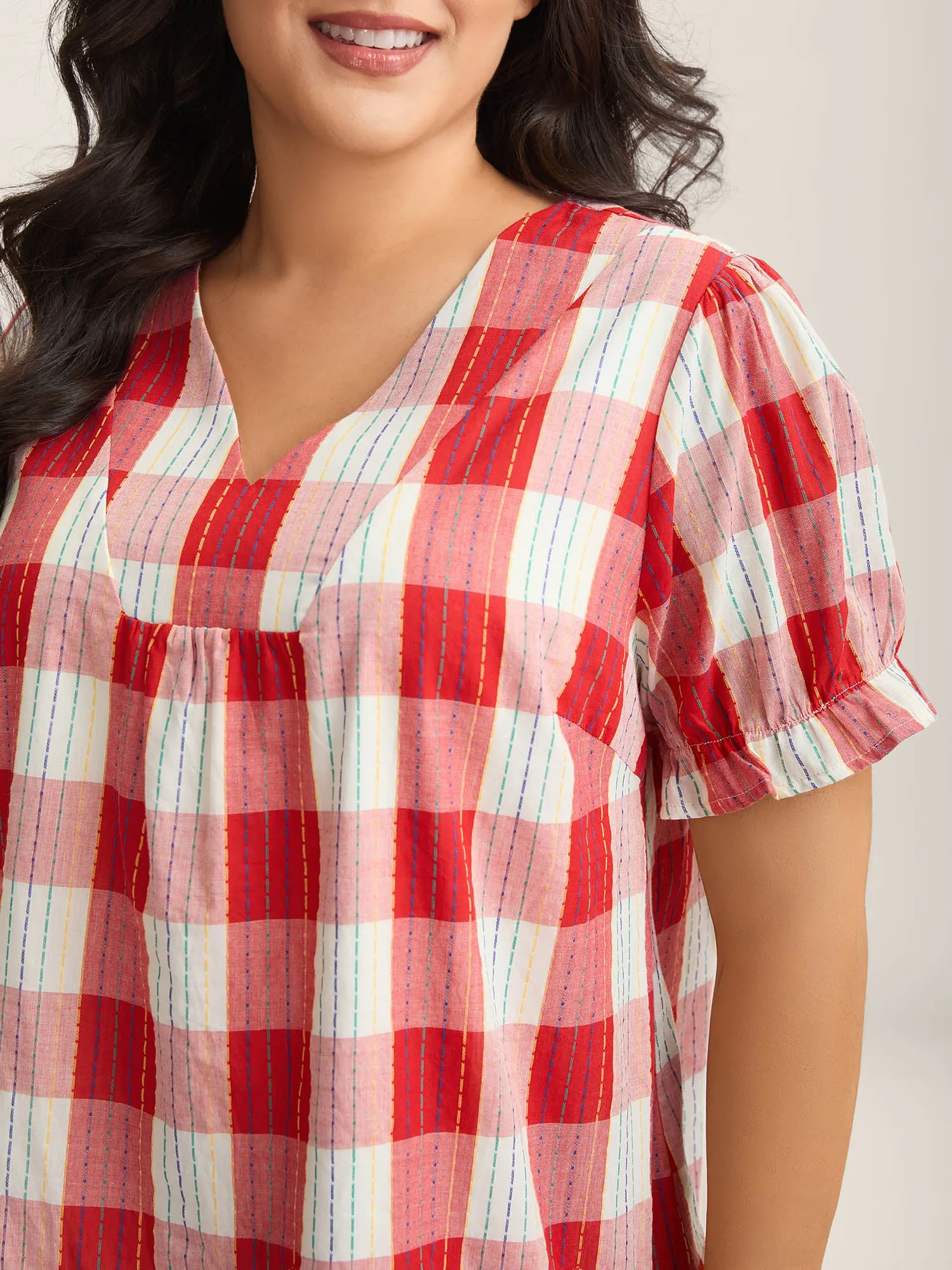 Cotton Plaid Print V-Neck Puffy Sleeve Blouse sold by Bloomchic product image thumbnail 2