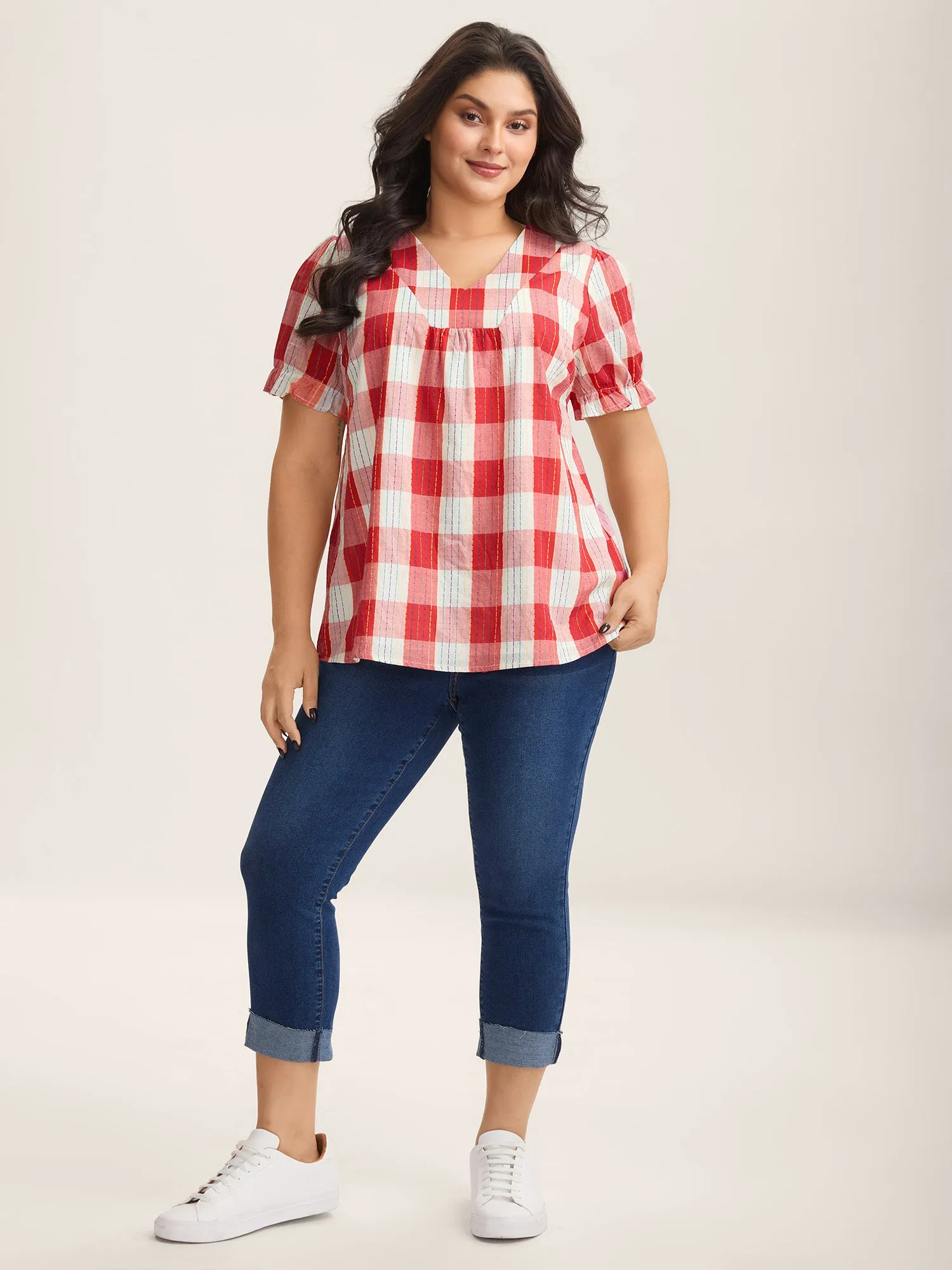 Cotton Plaid Print V-Neck Puffy Sleeve Blouse sold by Bloomchic product image thumbnail 3
