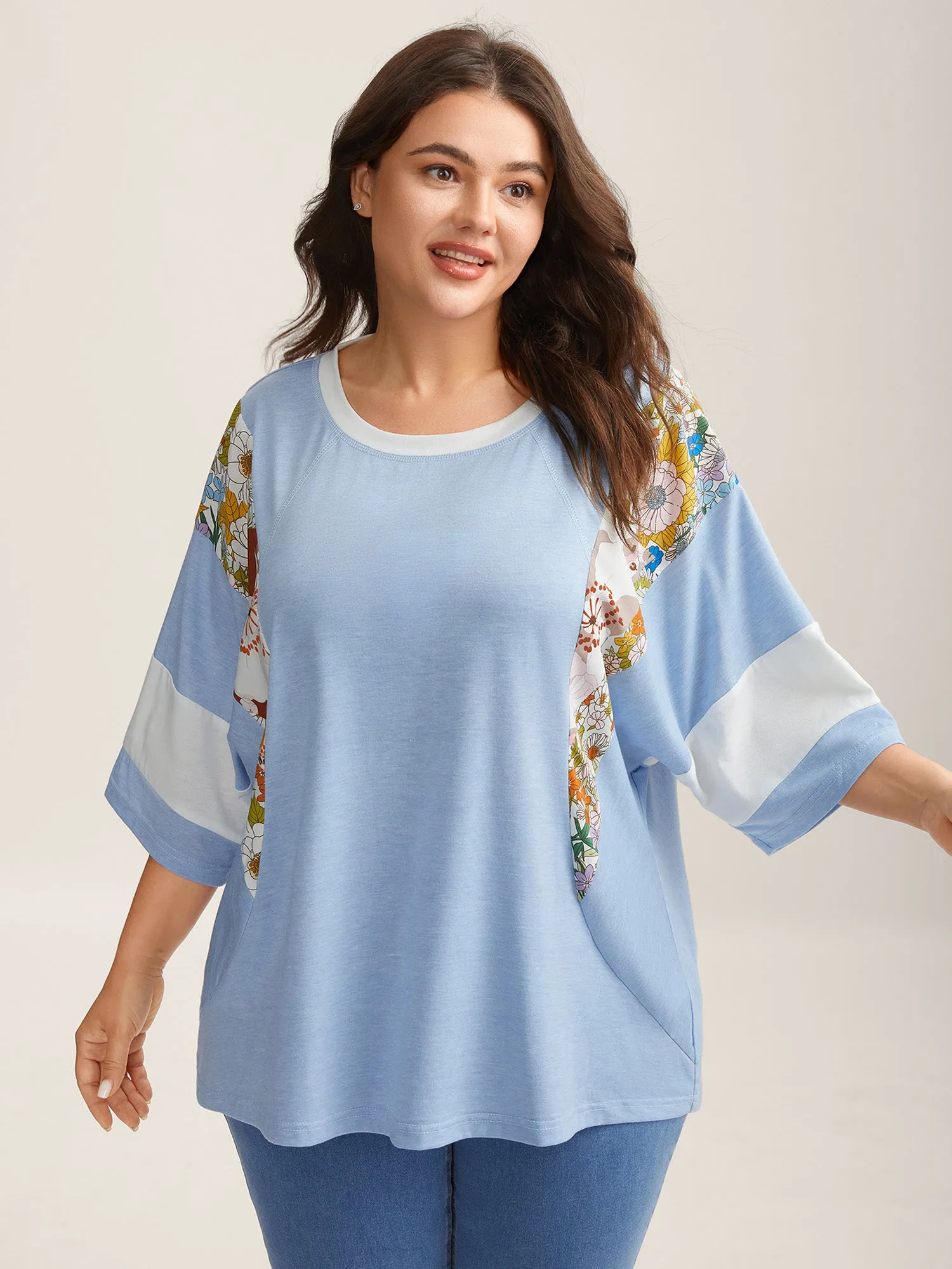 Floral Panel Color Contrast T-Shirt sold by Bloomchic