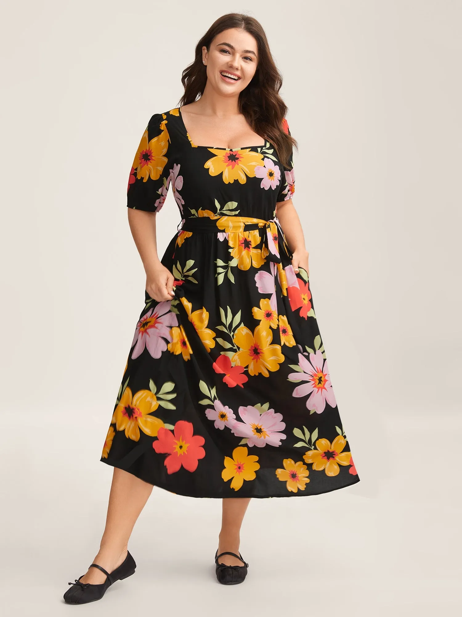 Rayon Sunkissed Florals Belted Pockets Midi Dress sold by Bloomchic product image thumbnail 3