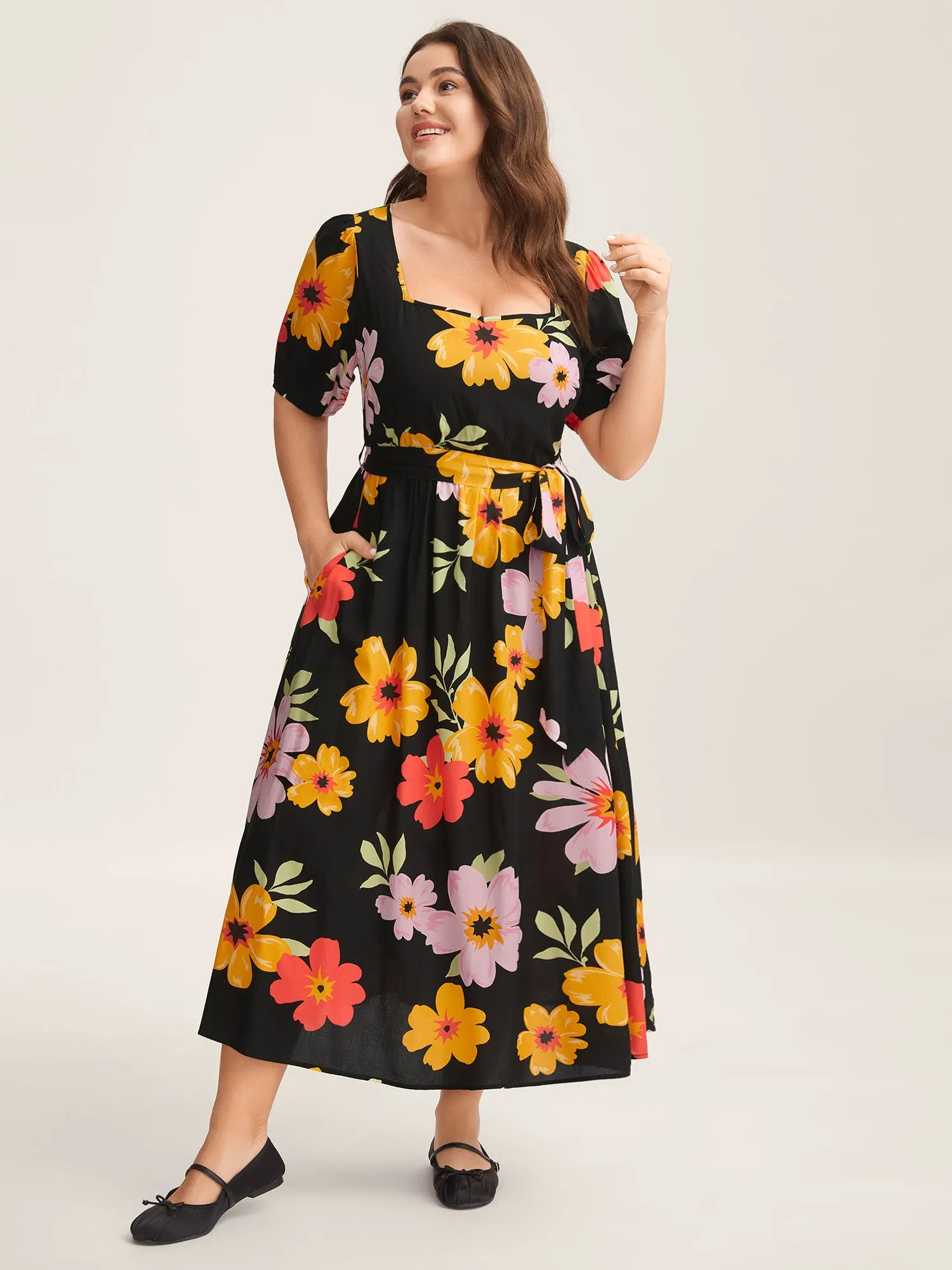 Rayon Sunkissed Florals Belted Pockets Midi Dress sold by Bloomchic
