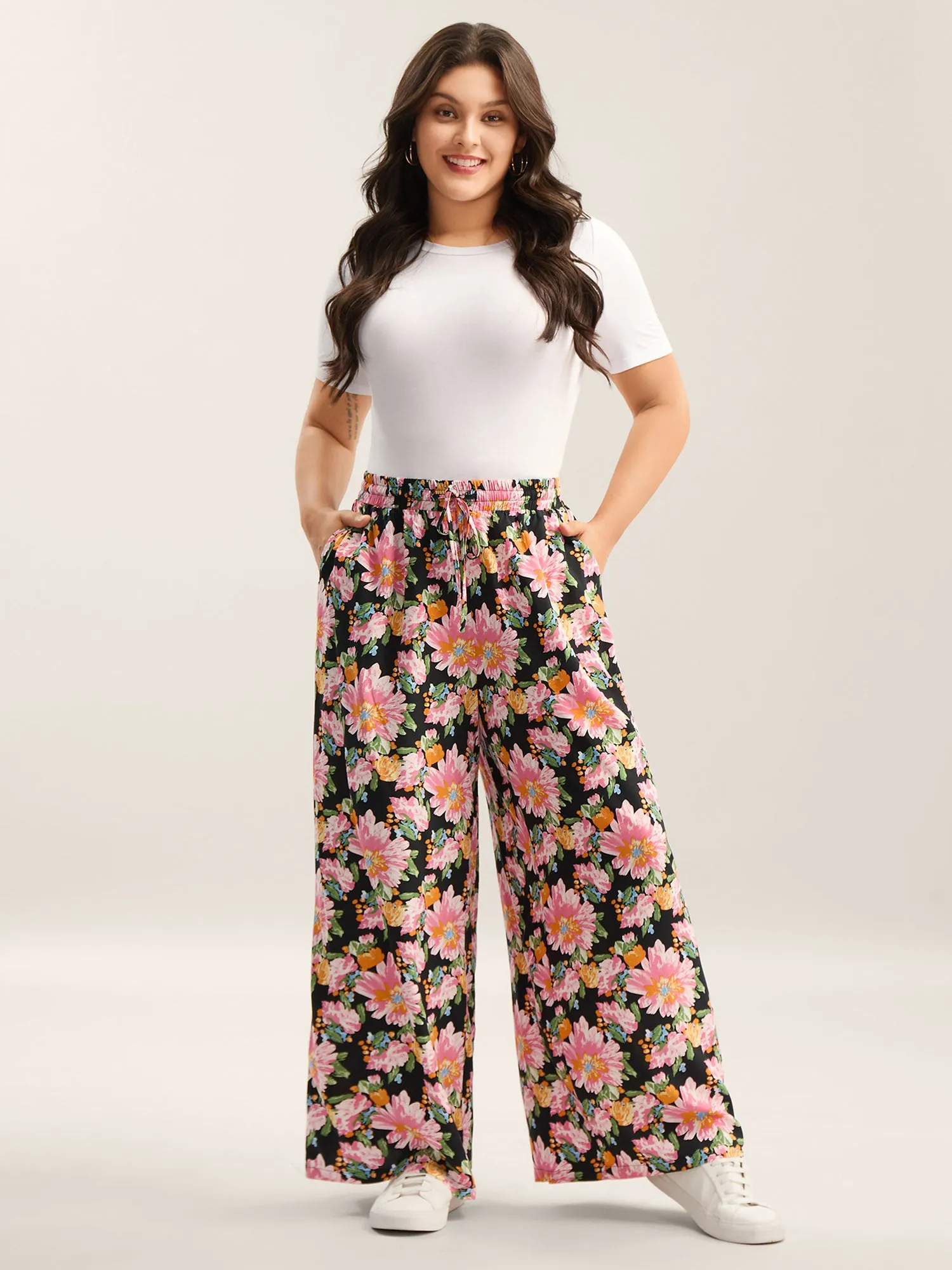 Rayon Blushing Floral Print Wide-Leg Pants sold by Bloomchic