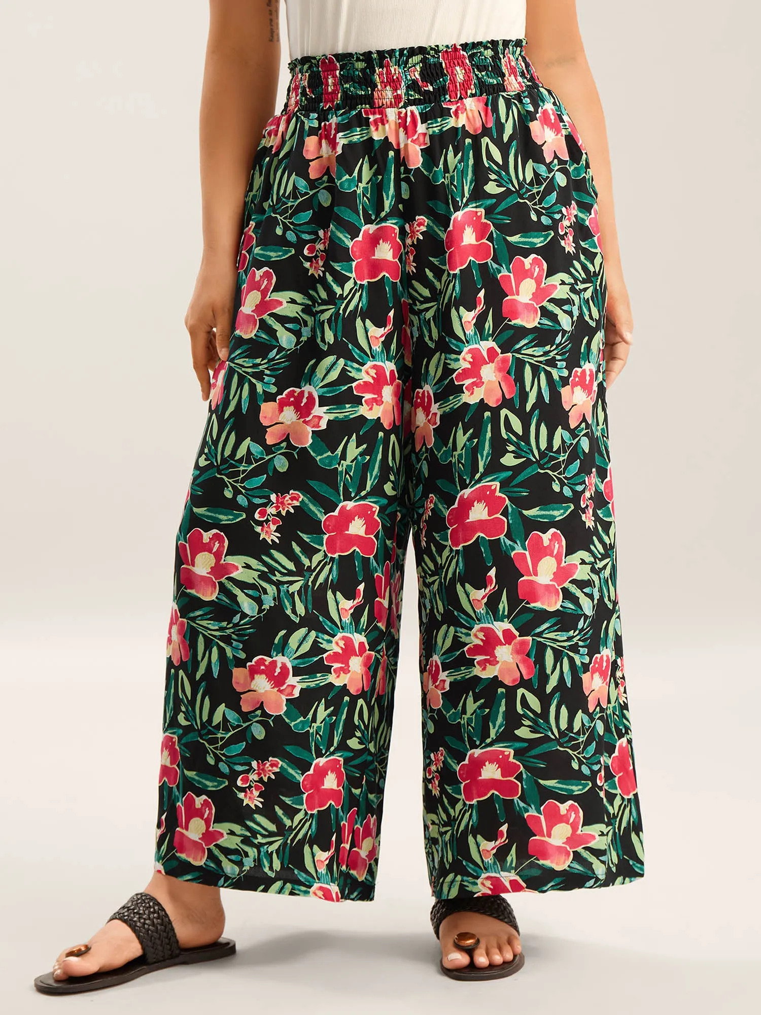 Rayon Tropical Floral Print Shirred Wide-Leg Pants sold by Bloomchic