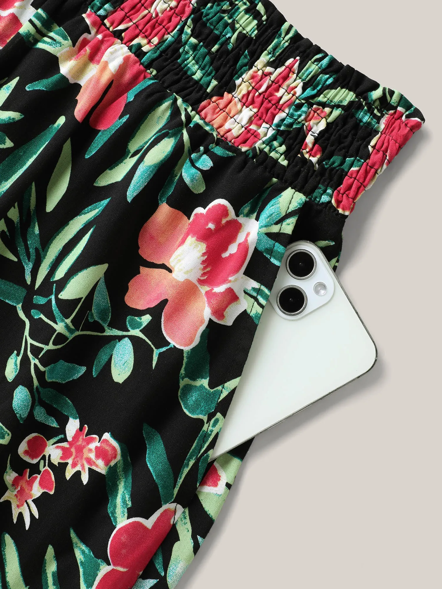 Rayon Tropical Floral Print Shirred Wide-Leg Pants sold by Bloomchic product image thumbnail 5