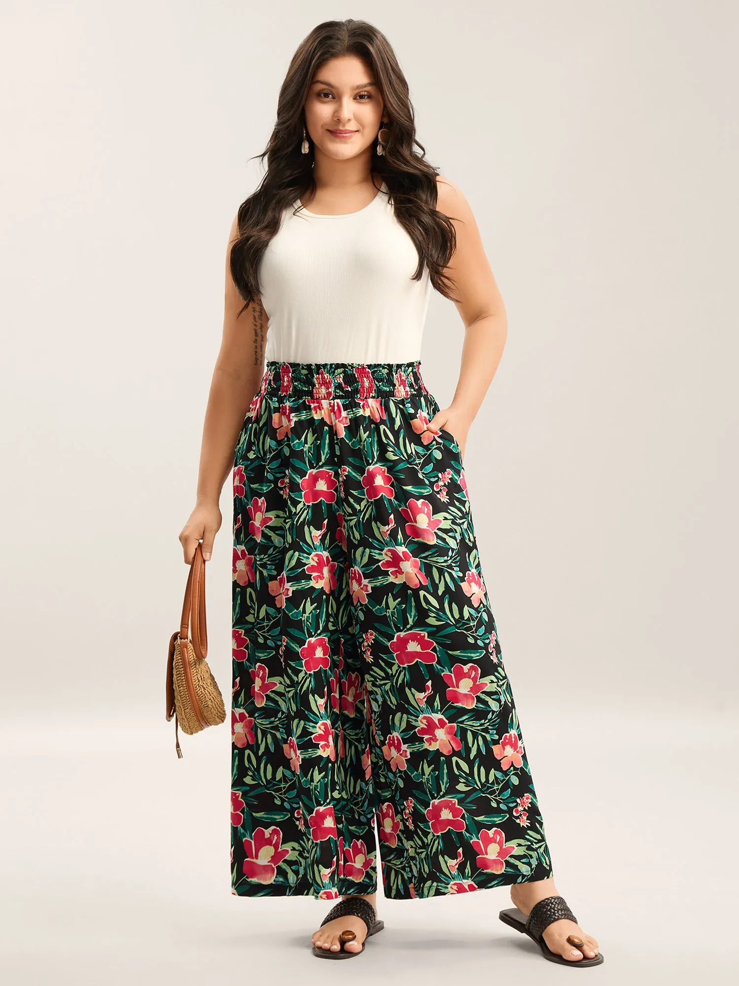 Rayon Tropical Floral Print Shirred Wide-Leg Pants sold by Bloomchic product image thumbnail 2