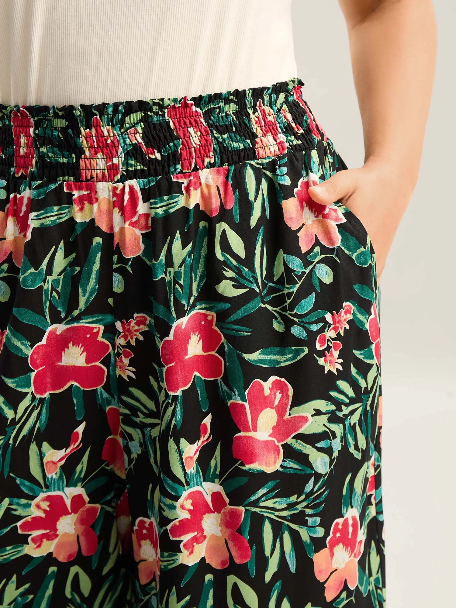 Rayon Tropical Floral Print Shirred Wide-Leg Pants sold by Bloomchic product image thumbnail 3