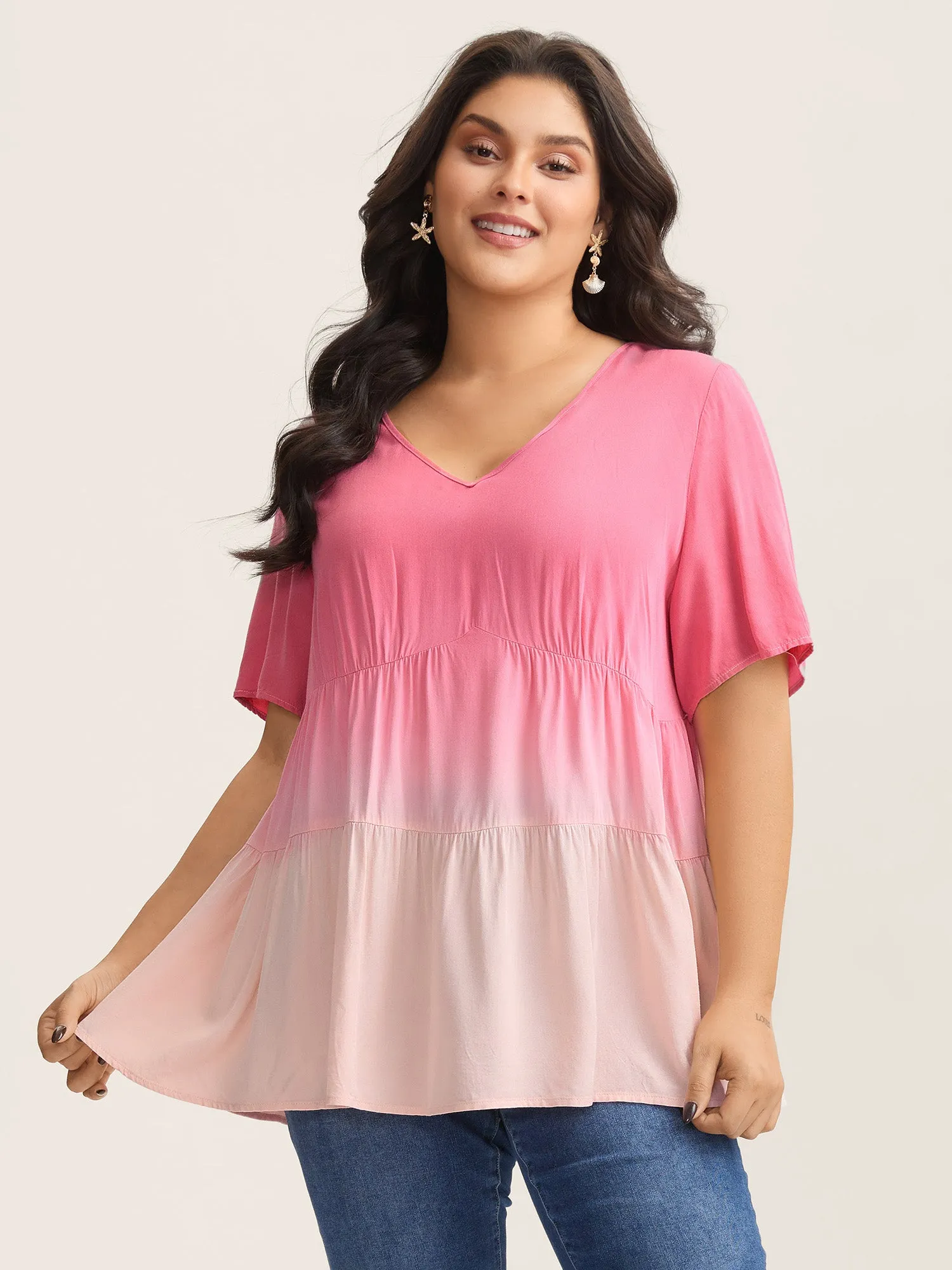 Rayon Tie-Dye V-Neck Tiered Blouse sold by Bloomchic