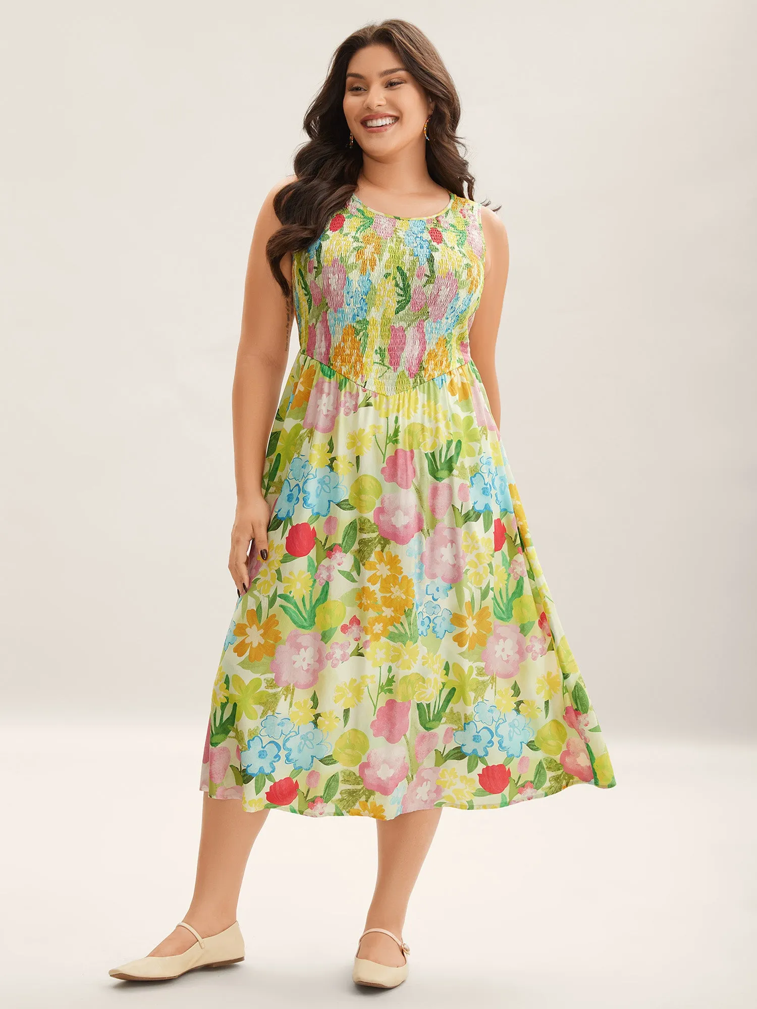 Neon Heartbeat Floral Shirred Midi Dress sold by Bloomchic