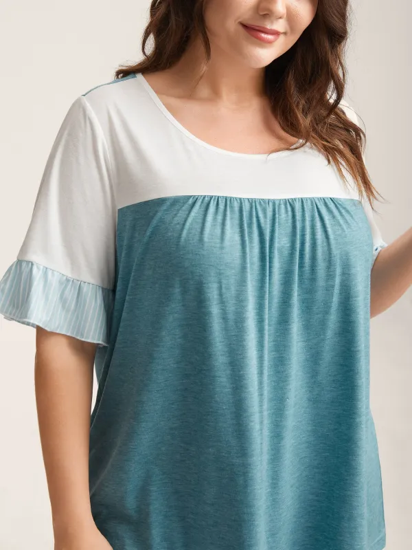 Color Contrast Lotus Leaf Sleeve T-Shirt sold by Bloomchic