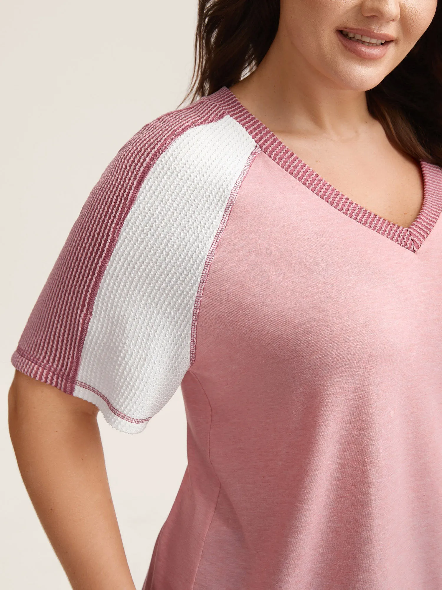 Color Contrast Textured Raglan Sleeve T-Shirt sold by Bloomchic product image thumbnail 2