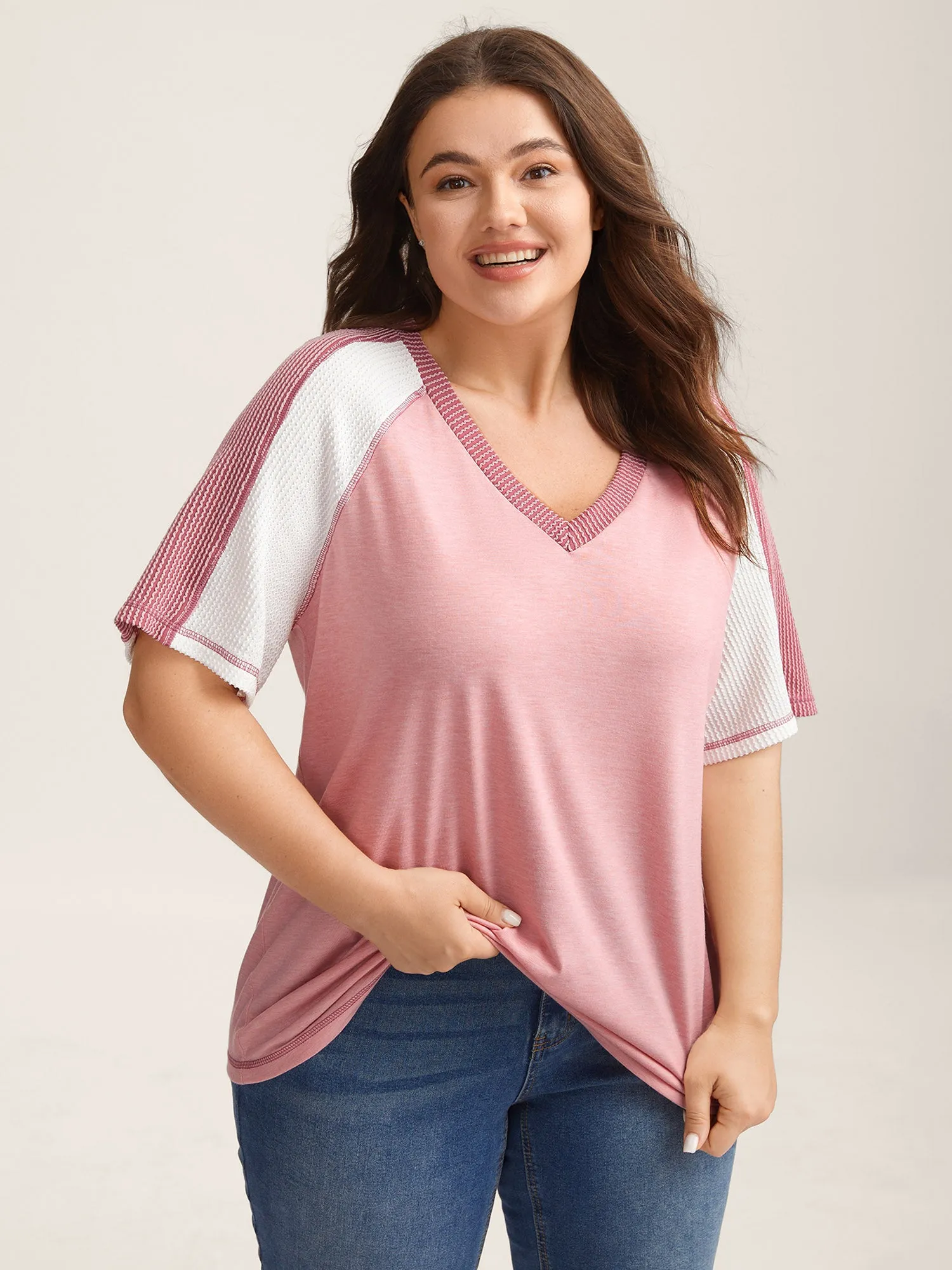 Color Contrast Textured Raglan Sleeve T-Shirt sold by Bloomchic