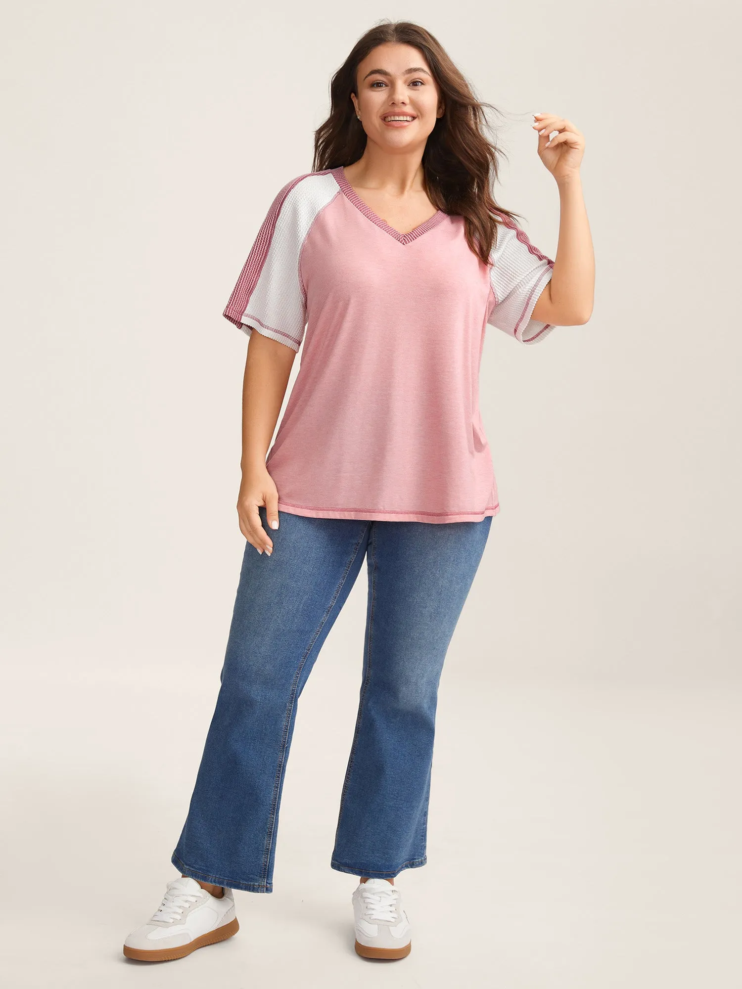 Color Contrast Textured Raglan Sleeve T-Shirt sold by Bloomchic product image thumbnail 3