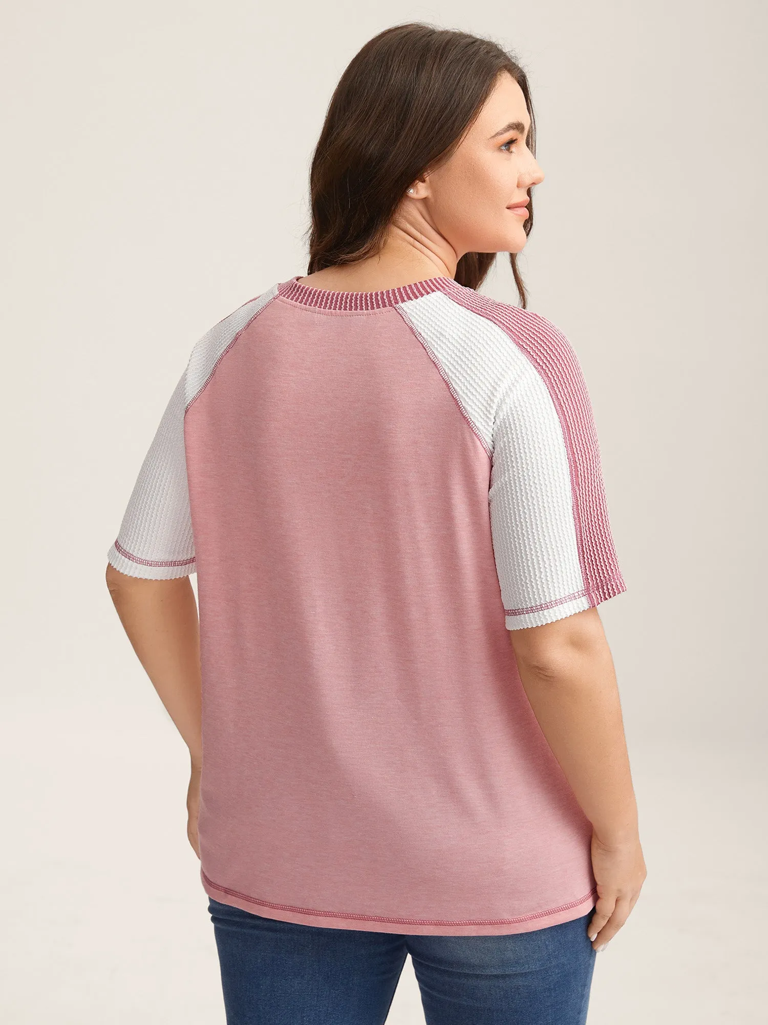 Color Contrast Textured Raglan Sleeve T-Shirt sold by Bloomchic product image thumbnail 4