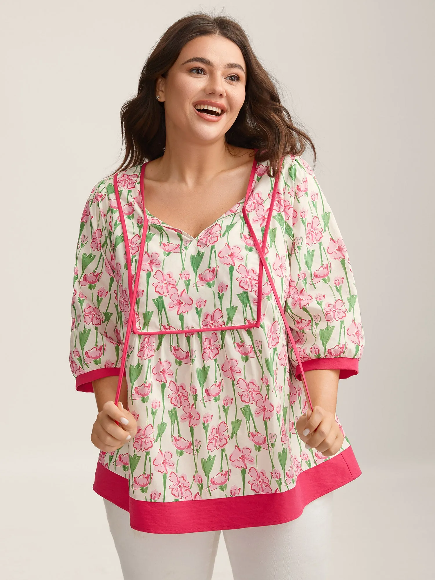 Blushing Floral Print Seamed Contrast Blouse sold by Bloomchic