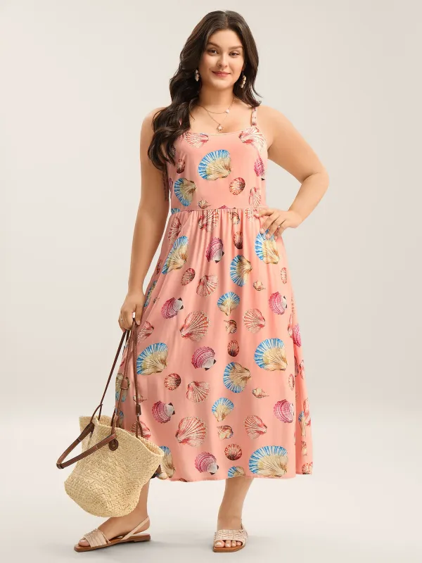 Rayon Adjustable Strap Shell Print Midi Dress sold by Bloomchic