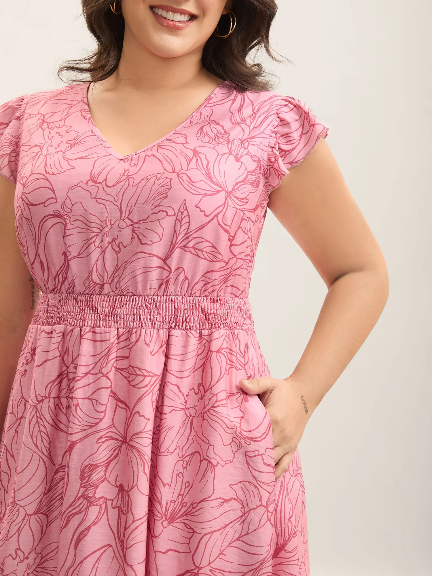 Floral Lines Cinched-Waist Pockets Midi Dress sold by Bloomchic product image thumbnail 2