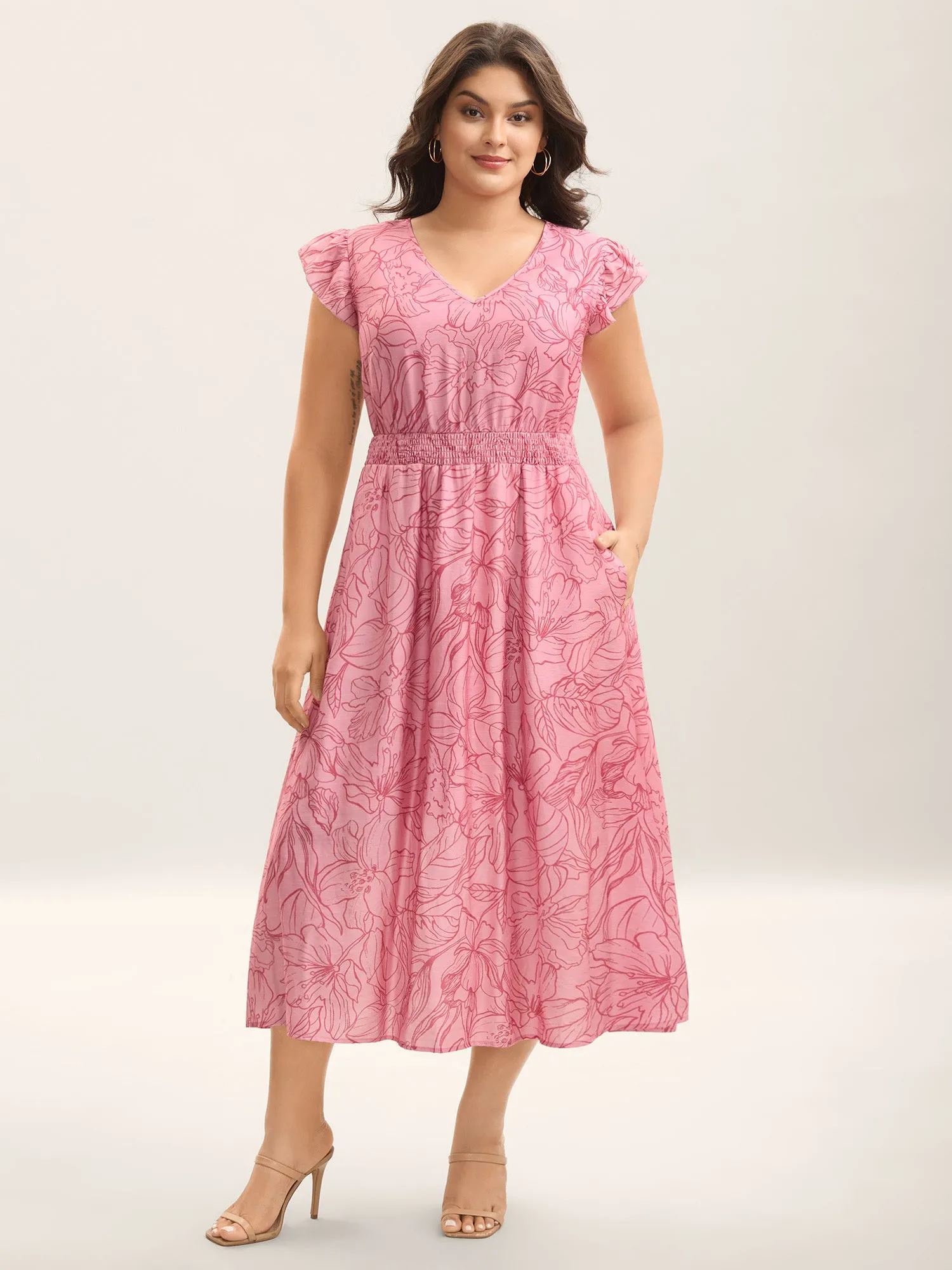 Floral Lines Cinched-Waist Pockets Midi Dress sold by Bloomchic