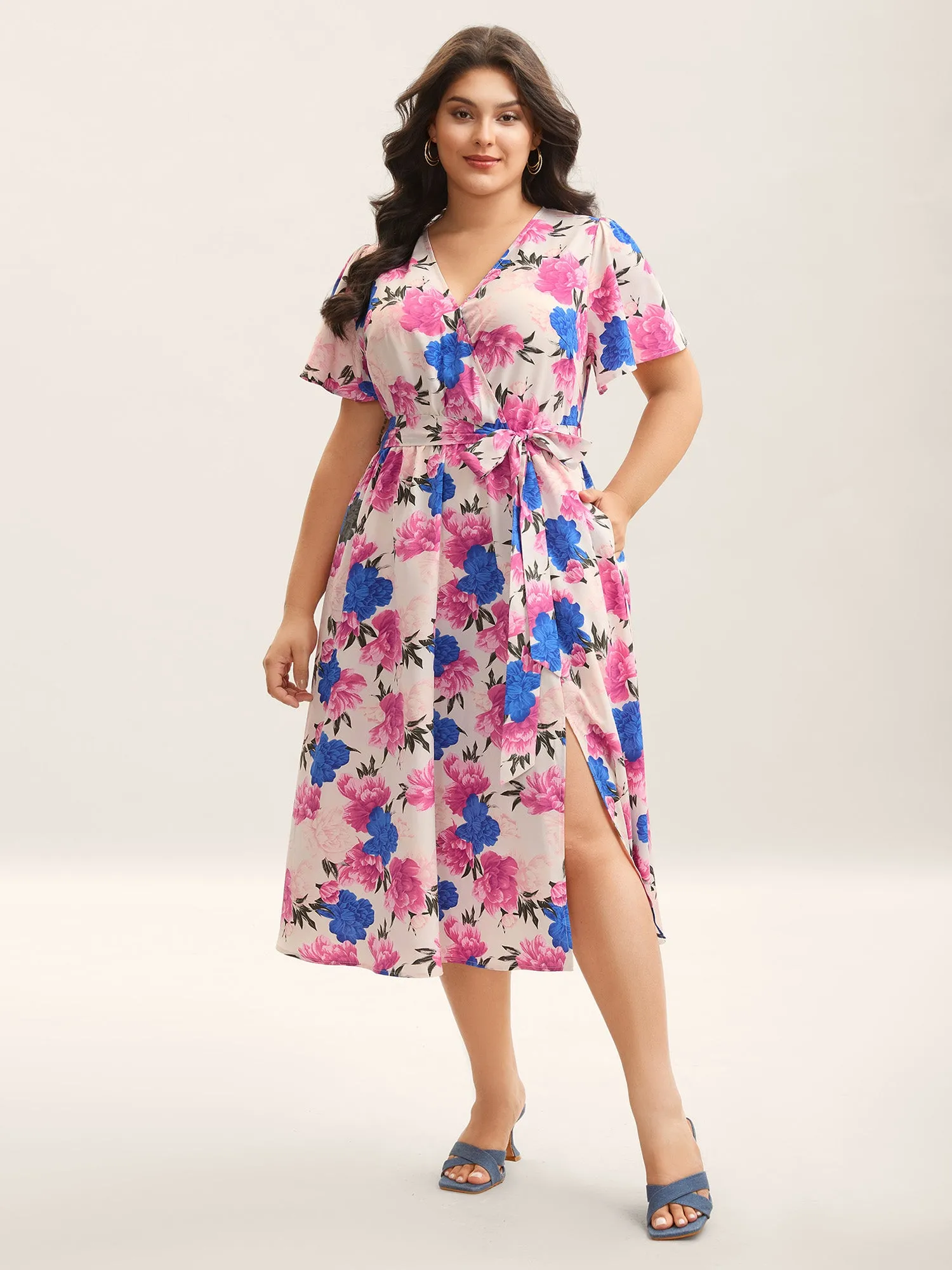 Large Floral Print Belted Pocket Midi Dress sold by Bloomchic product image thumbnail 3