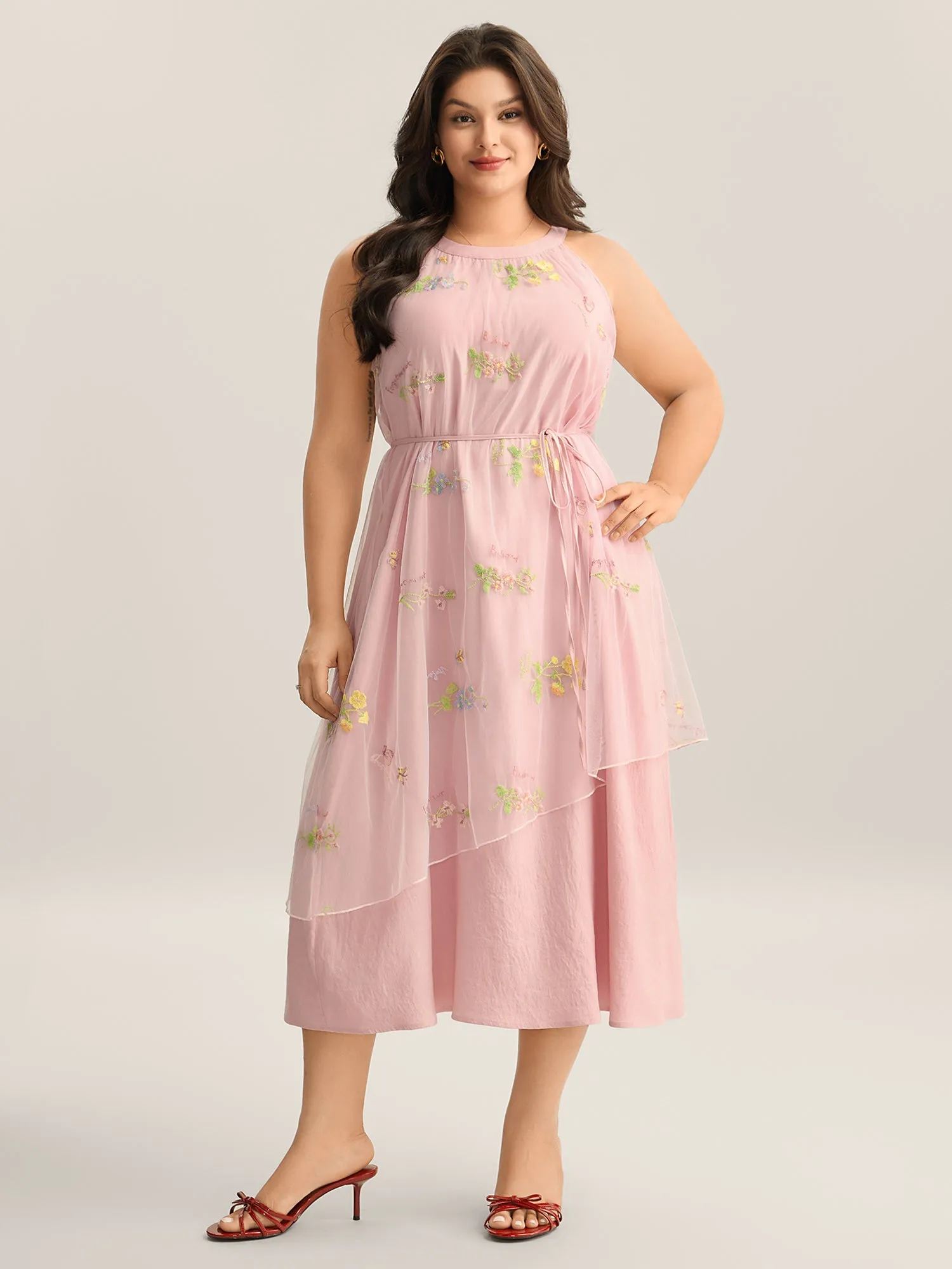 Embroidered Mesh Halter Neck Midi Dress sold by Bloomchic