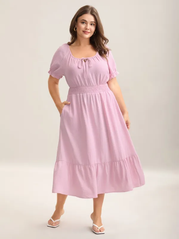 Shirred Waist Tiered Hem Milkmaid Dress sold by Bloomchic