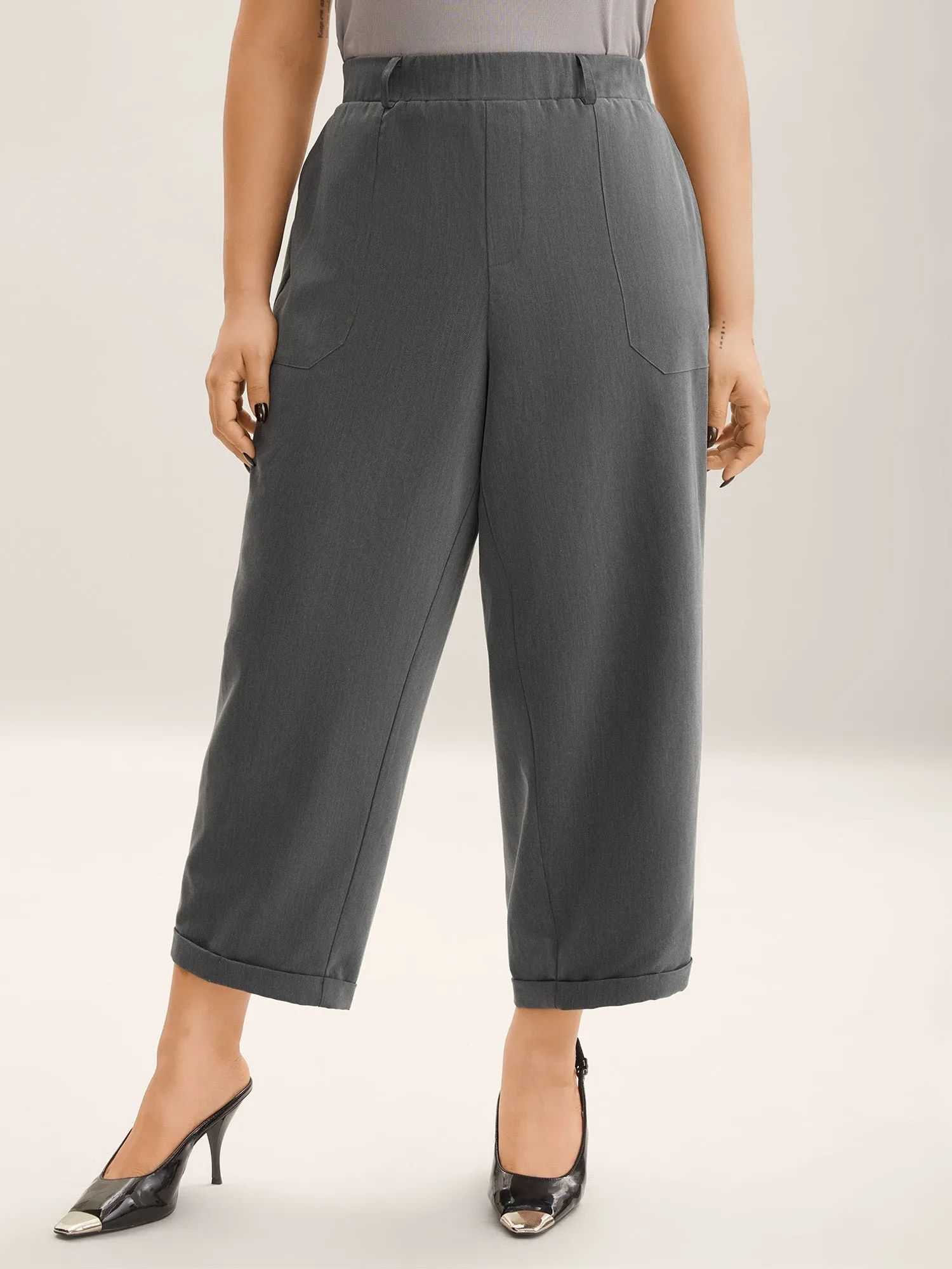 Mid Waist Rolled Hem Straight-Leg Solid Pants sold by Bloomchic