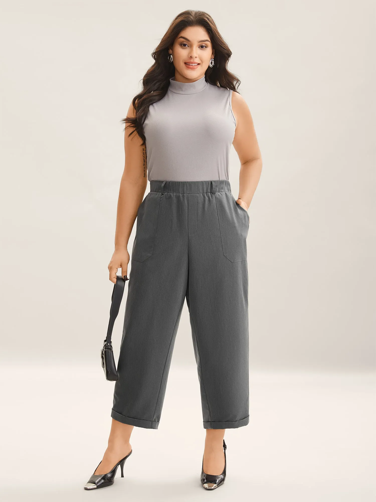 Mid Waist Rolled Hem Straight-Leg Solid Pants sold by Bloomchic product image thumbnail 2