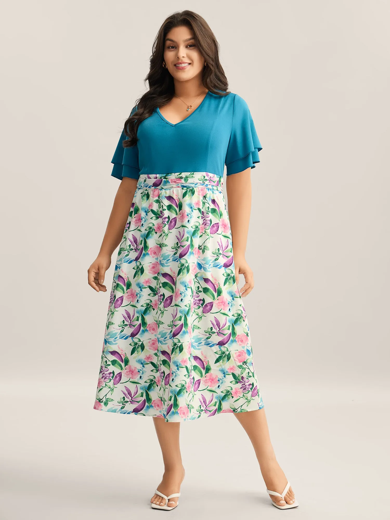 Floral Print Layered Stretchy Waist Midi Dress sold by Bloomchic product image thumbnail 3