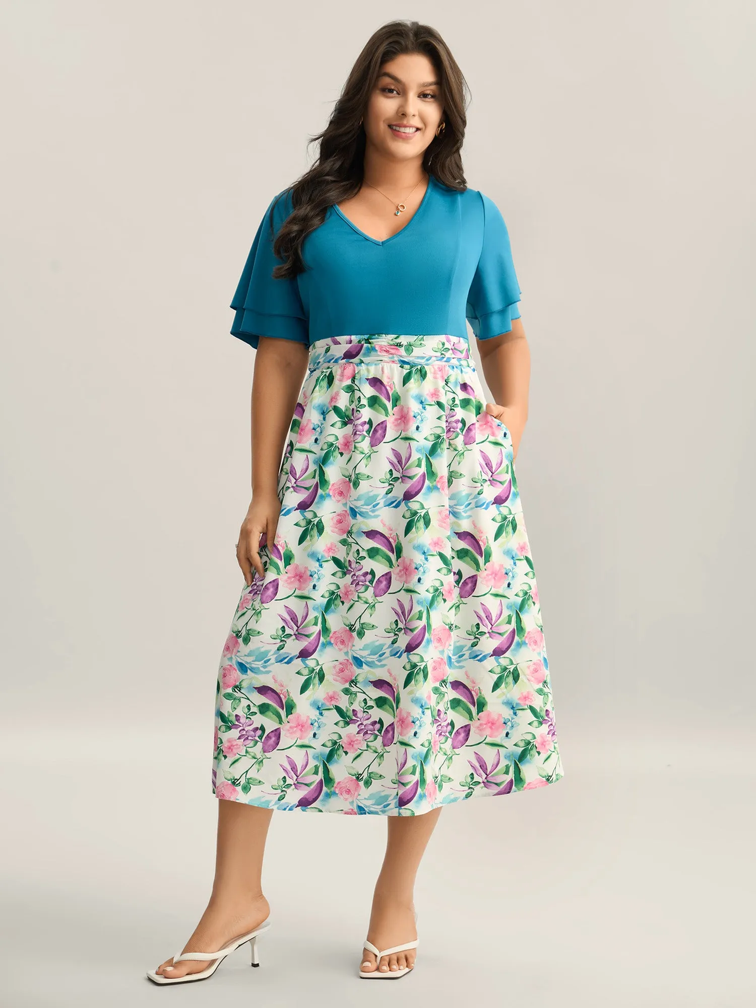 Floral Print Layered Stretchy Waist Midi Dress sold by Bloomchic product image thumbnail 2
